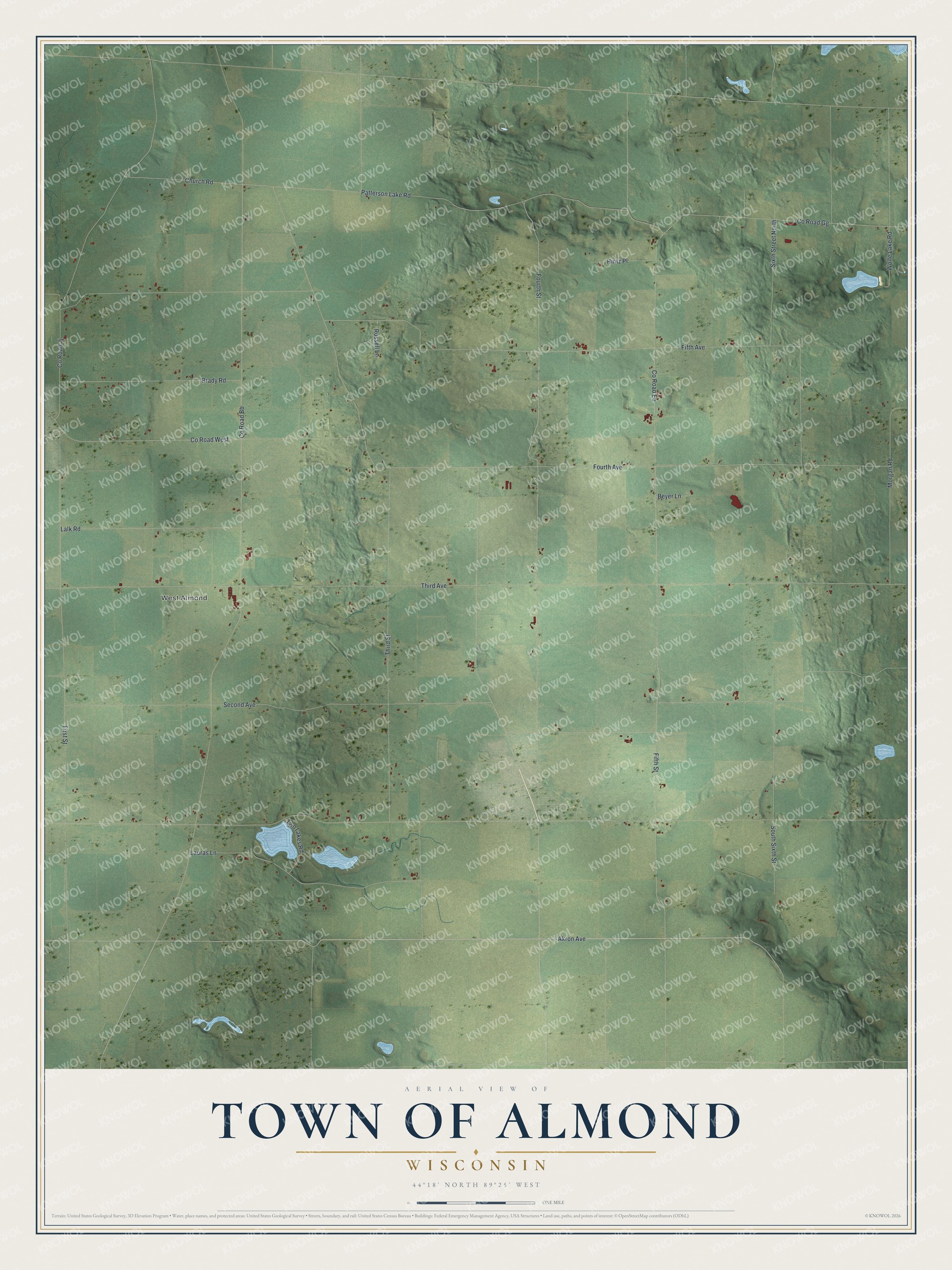 Full map of Almond, Wisconsin, with red buildings, printed street names and the land around them