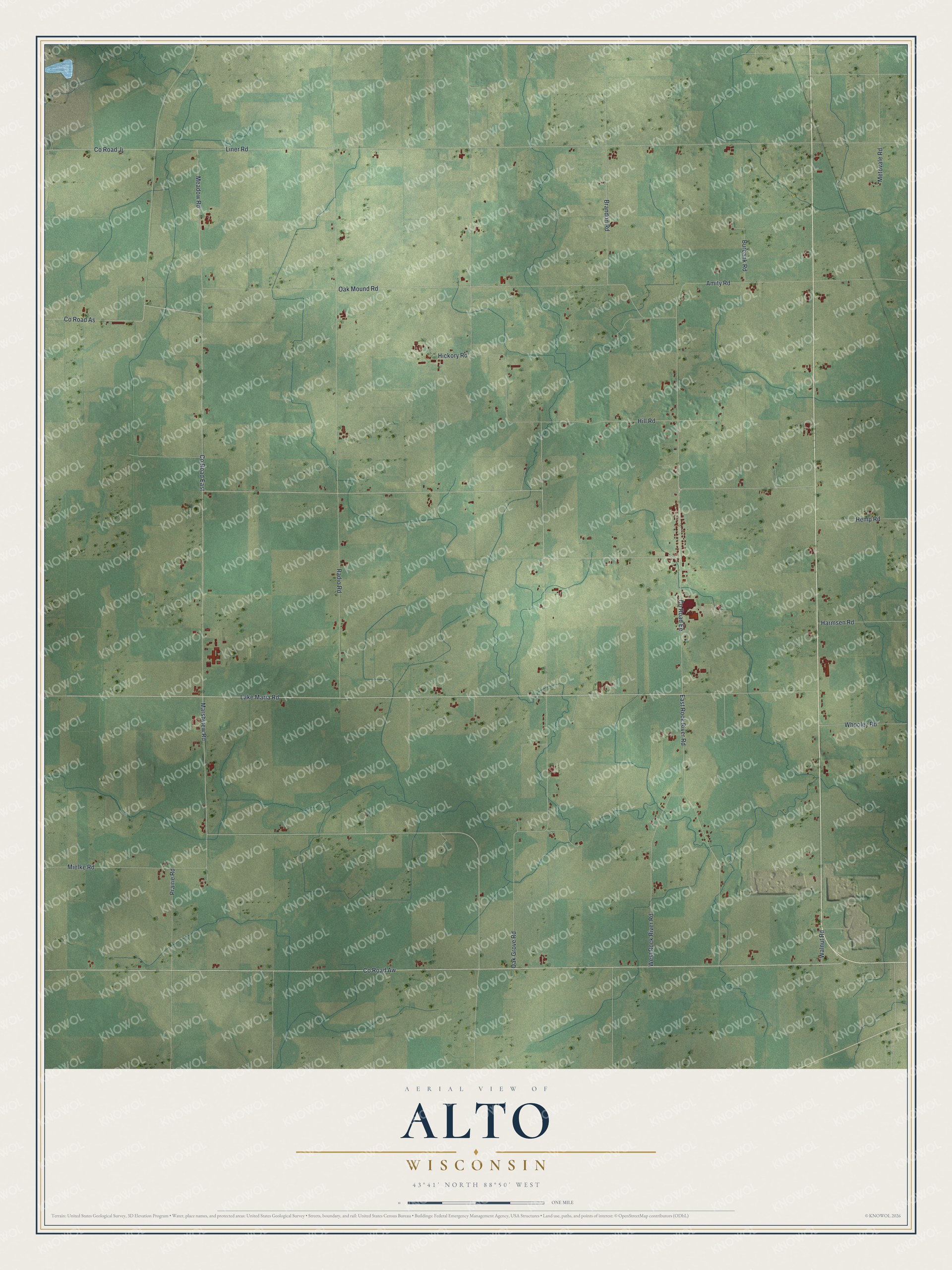 Full map of Alto, Wisconsin, with red buildings, printed street names and the land around them