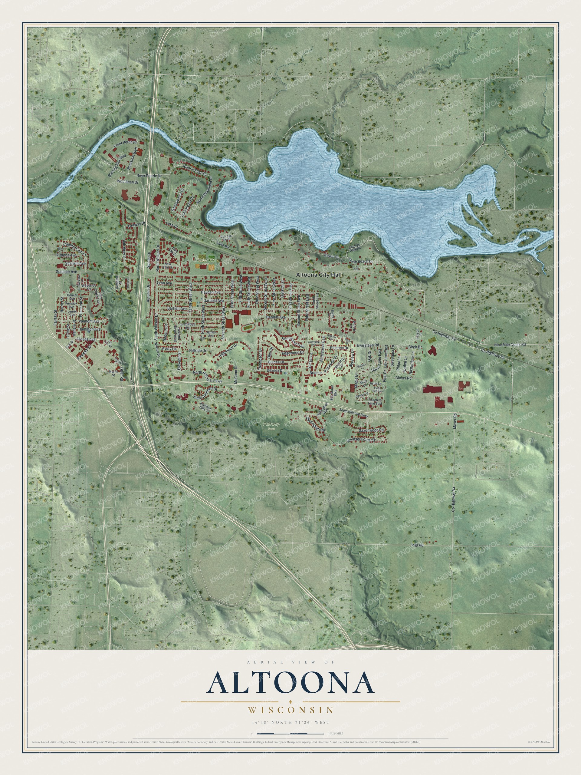 Full map of Altoona, Wisconsin, with red buildings, printed street names and the land around them
