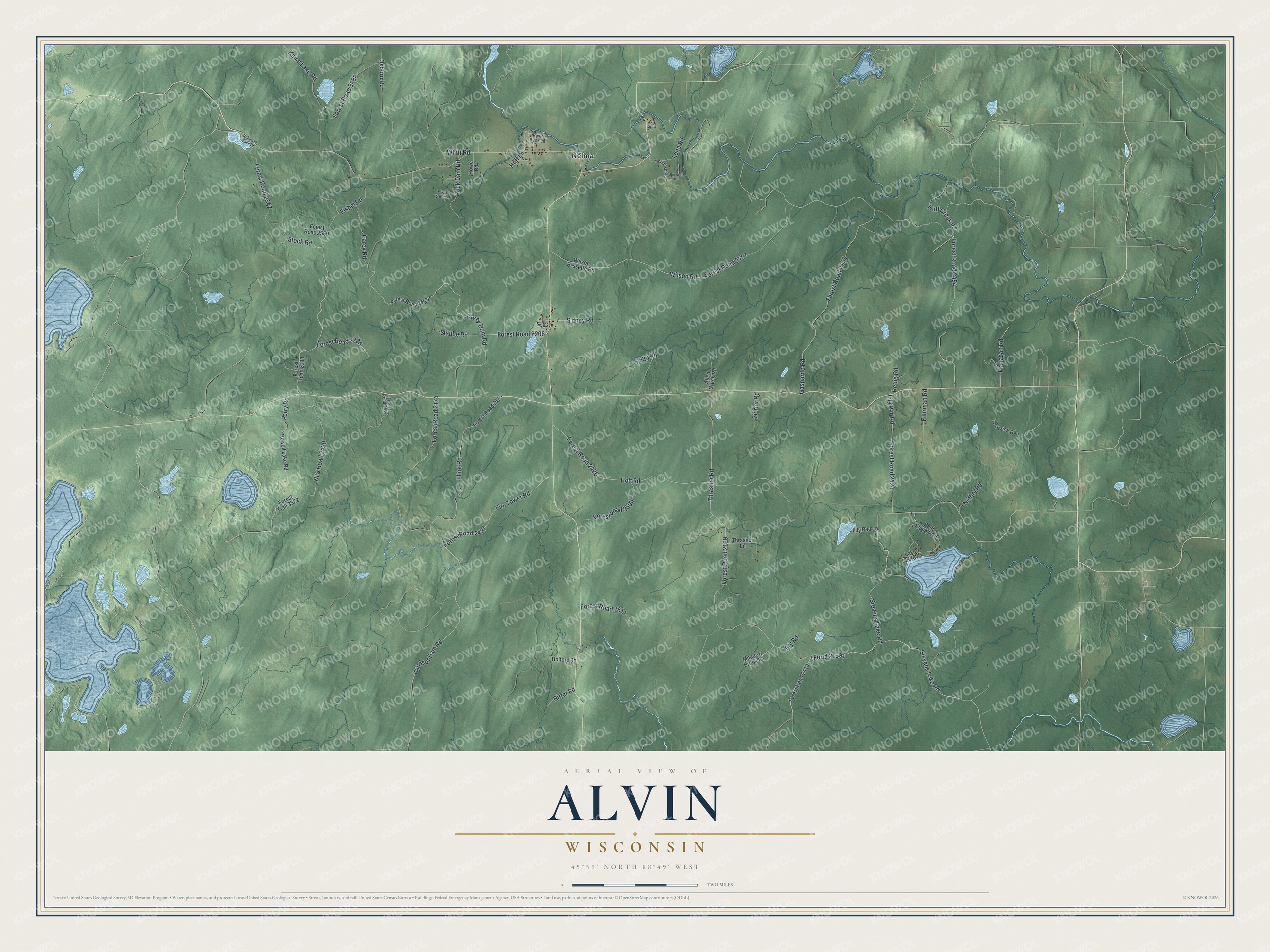 Full map of Alvin, Wisconsin, with red buildings, printed street names and the land around them