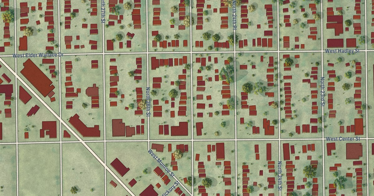 Close-up of streets and buildings in Amani, Wisconsin