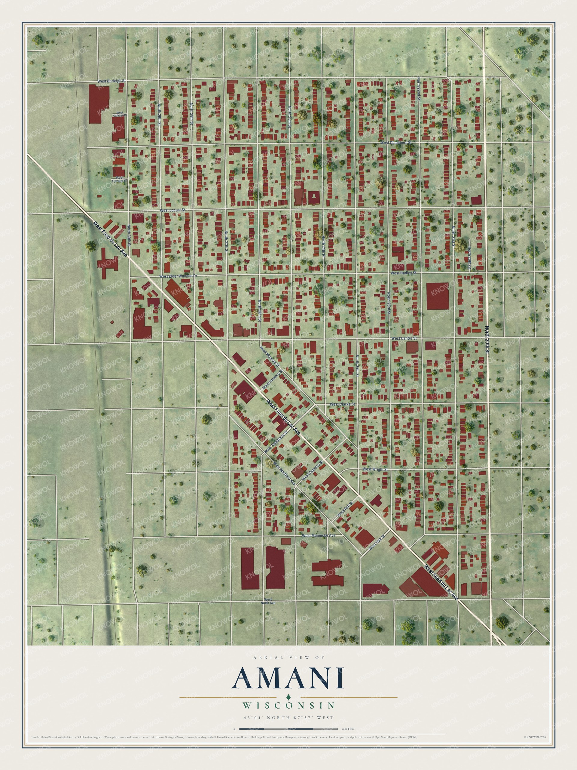 Full map of Amani, Wisconsin, with red buildings, printed street names and the land around them