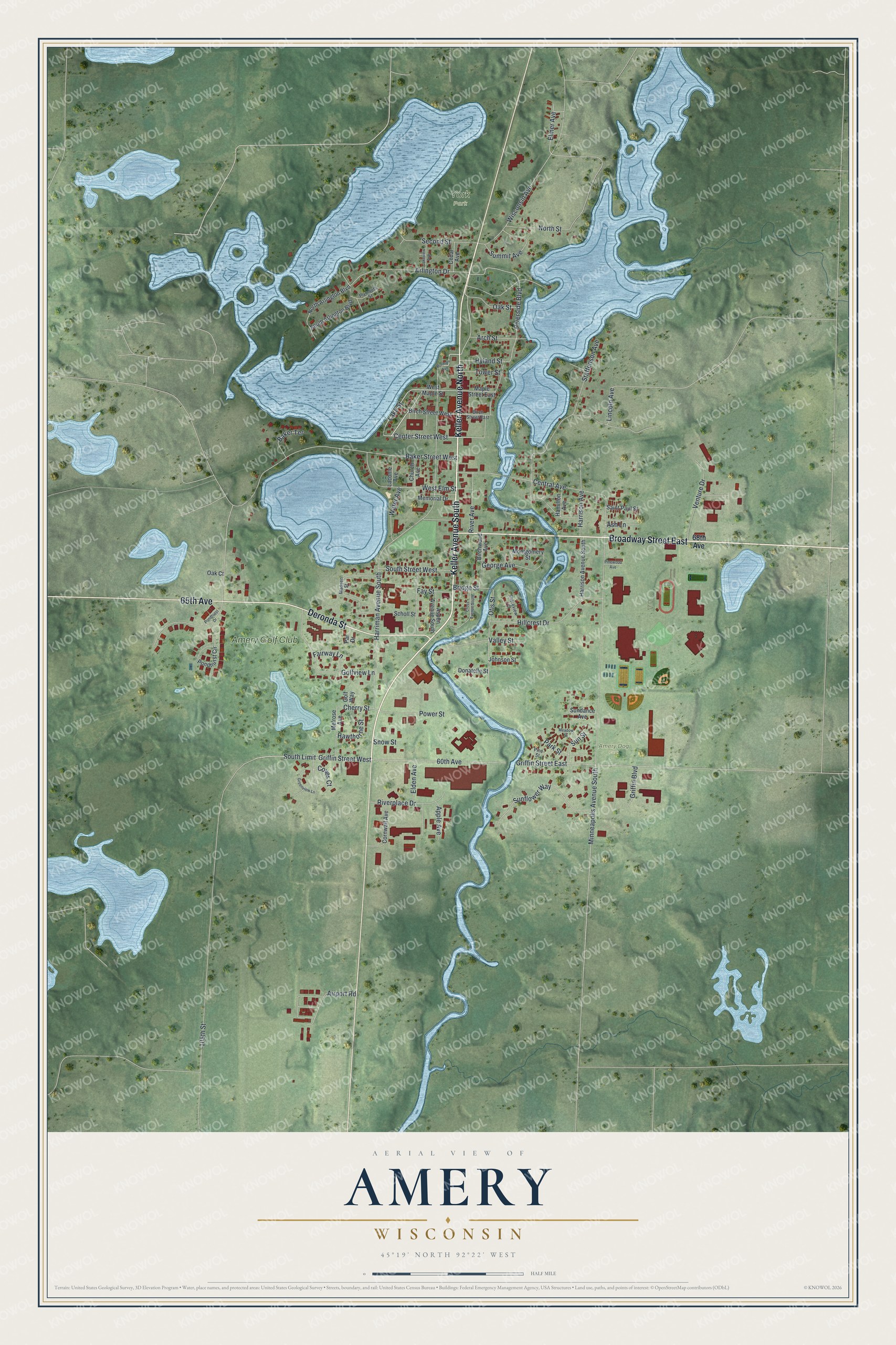 Full map of Amery, Wisconsin, with red buildings, printed street names and the land around them