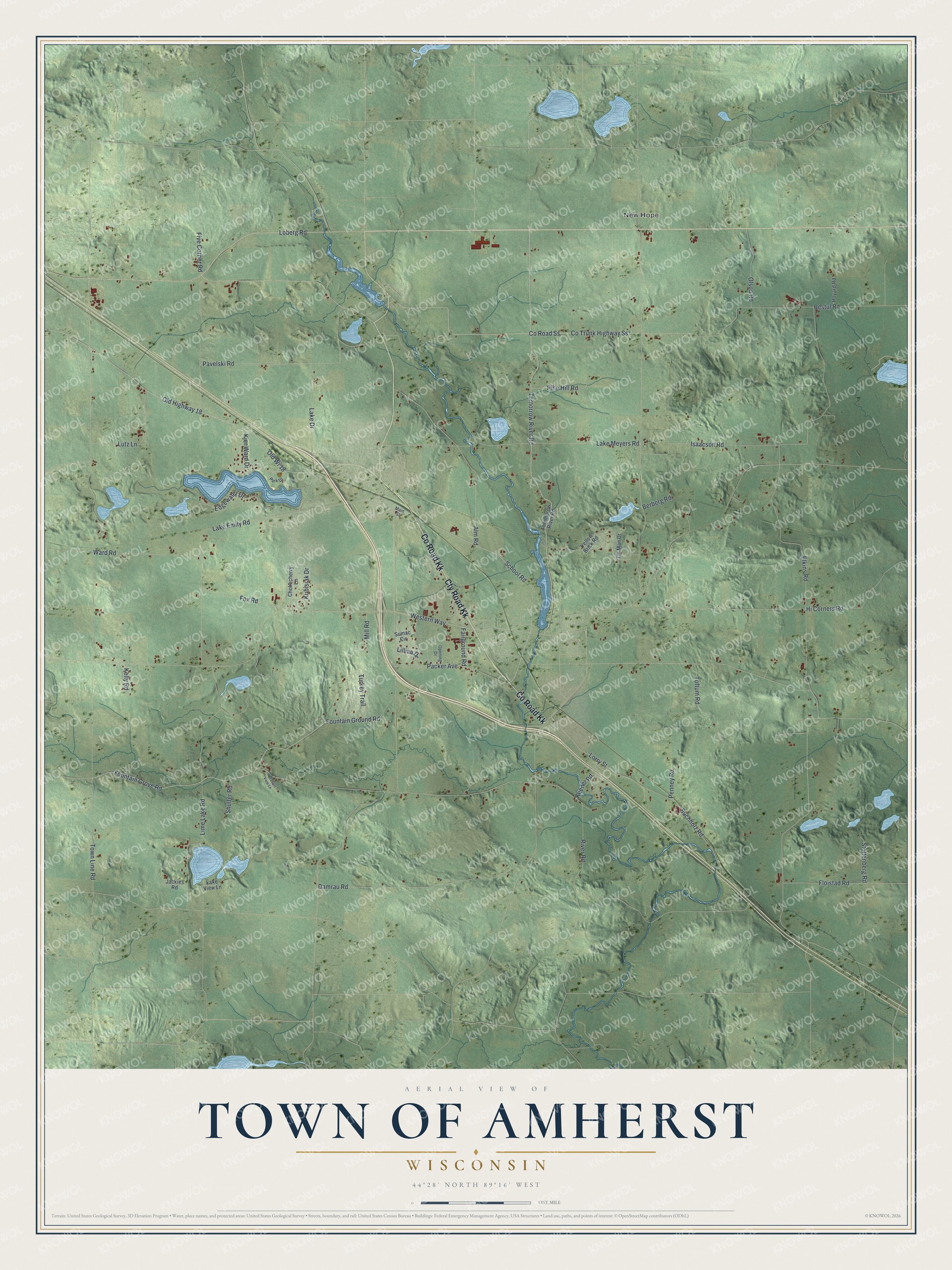 Full map of Amherst, Wisconsin, with red buildings, printed street names and the land around them