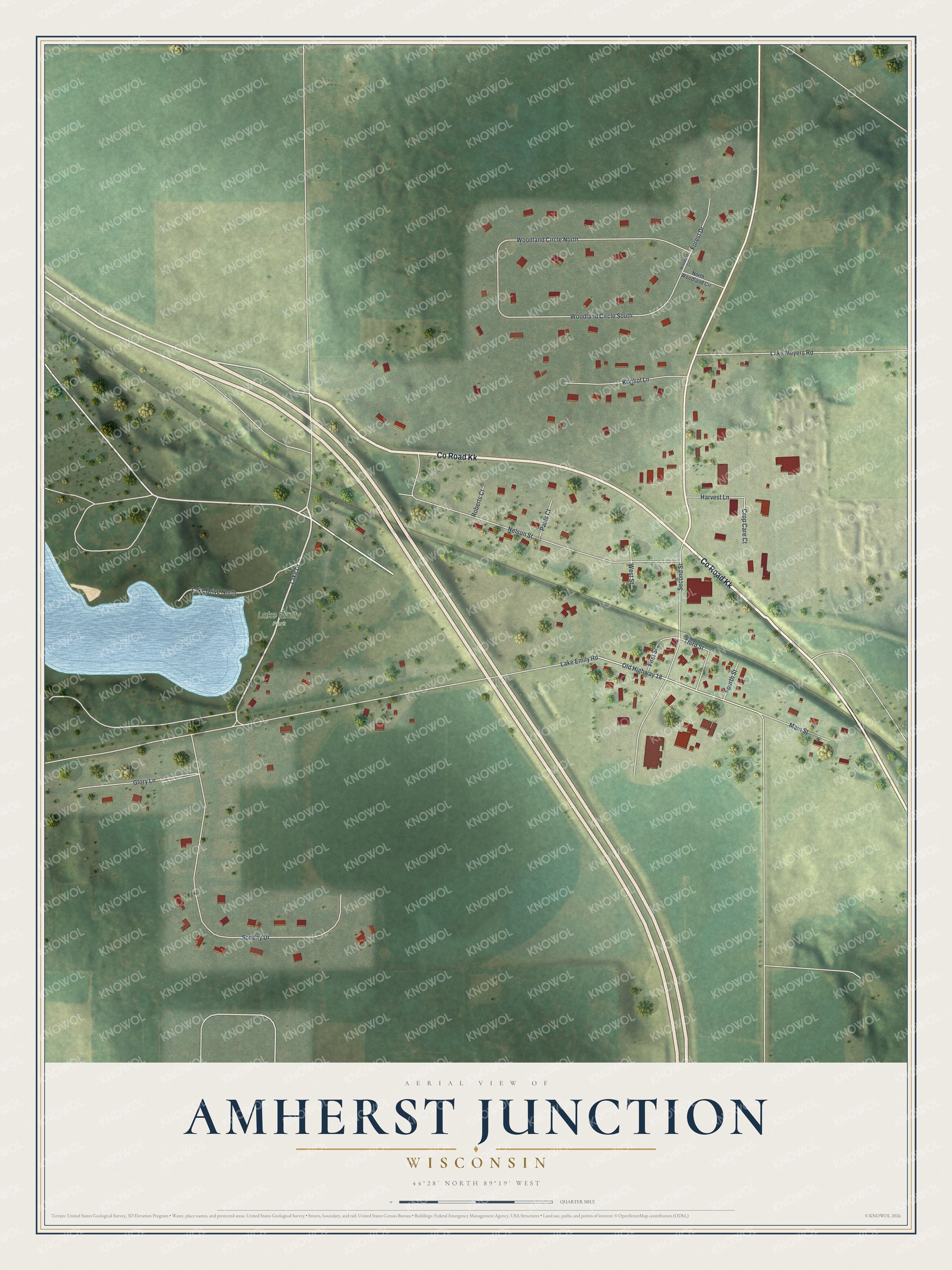Full map of Amherst Junction, Wisconsin, with red buildings, printed street names and the land around them