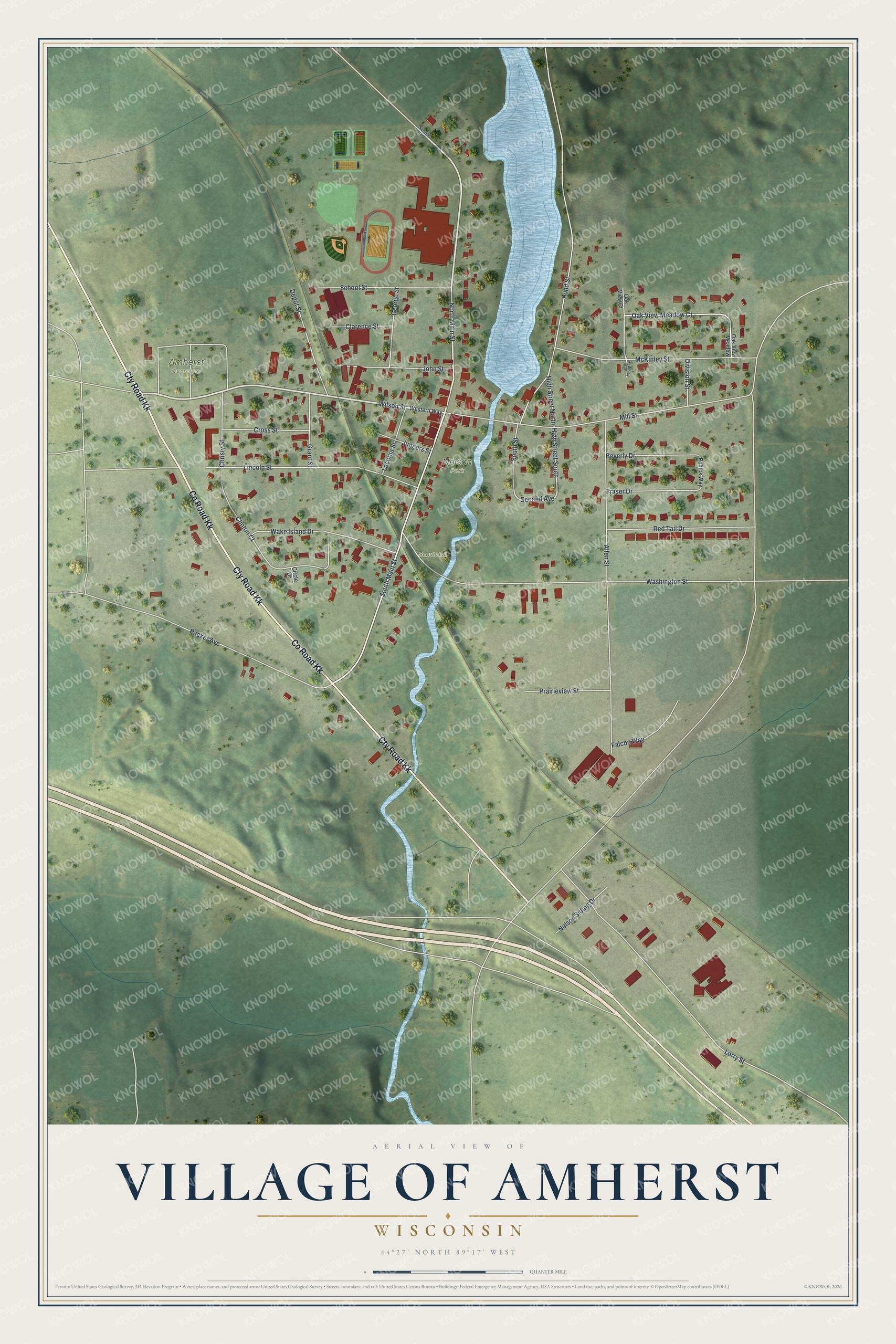 Full map of Amherst, Wisconsin, with red buildings, printed street names and the land around them