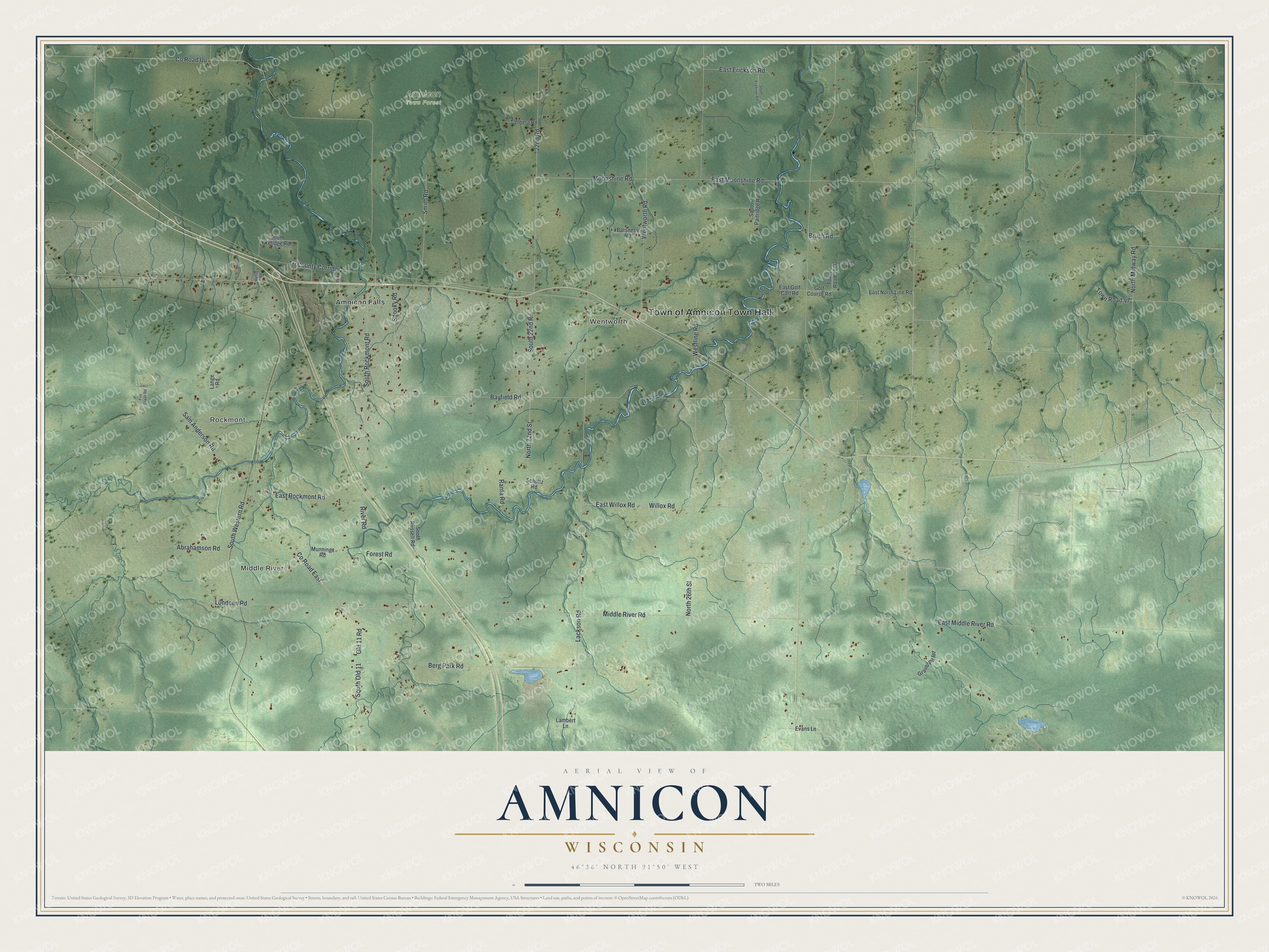 Full map of Amnicon, Wisconsin, with red buildings, printed street names and the land around them