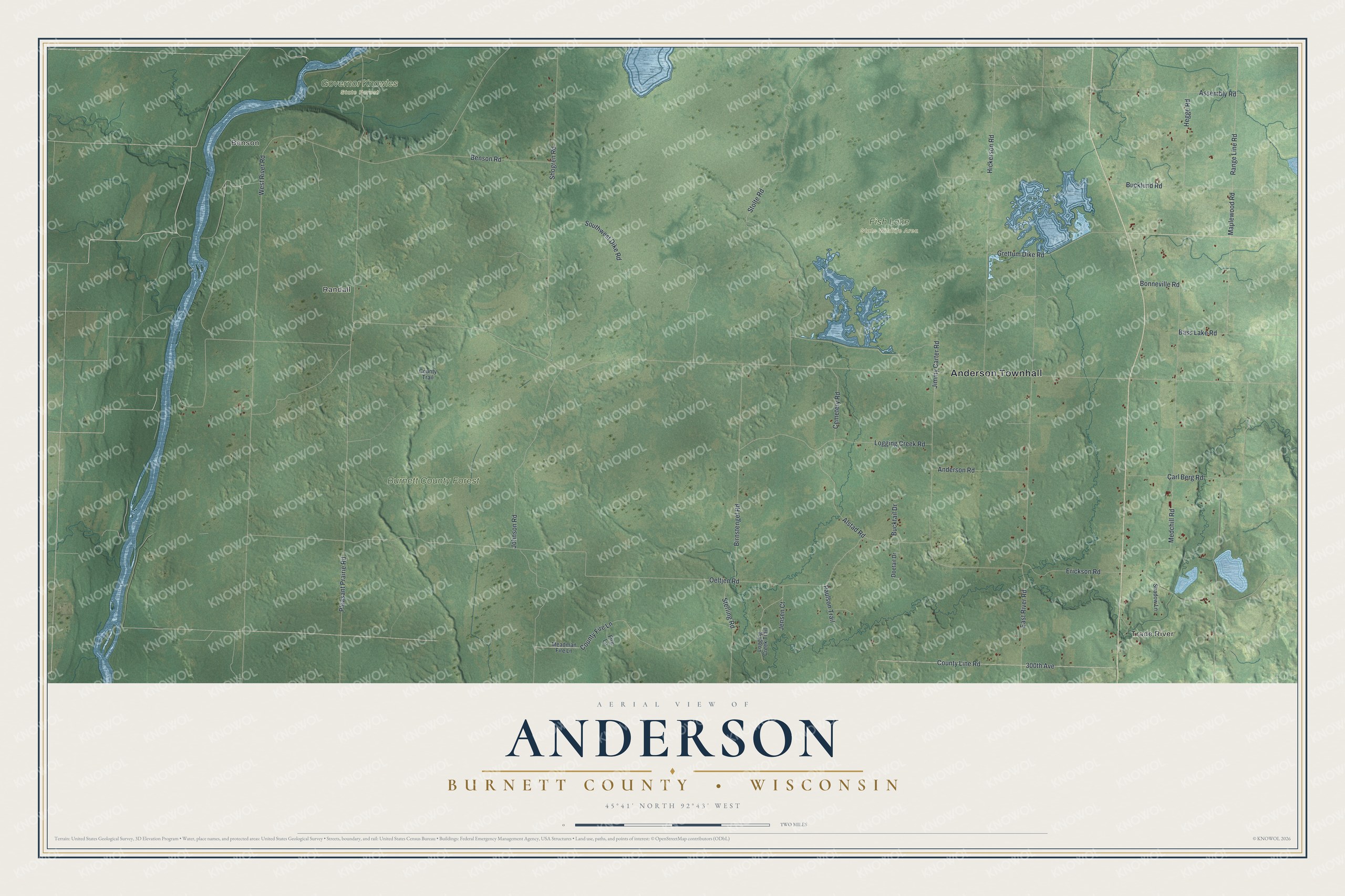 Full map of Anderson, Wisconsin, with red buildings, printed street names and the land around them