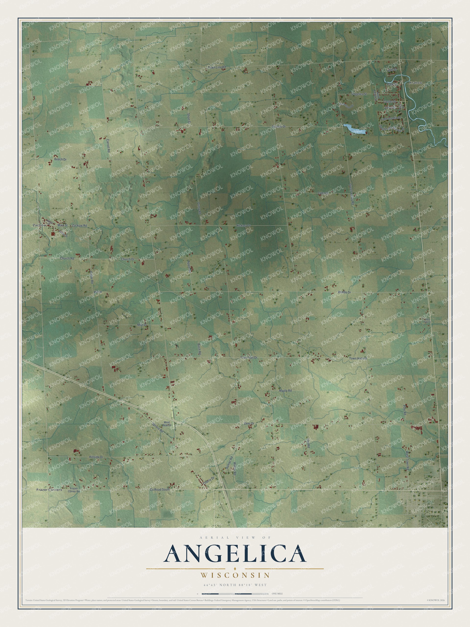Full map of Angelica, Wisconsin, with red buildings, printed street names and the land around them