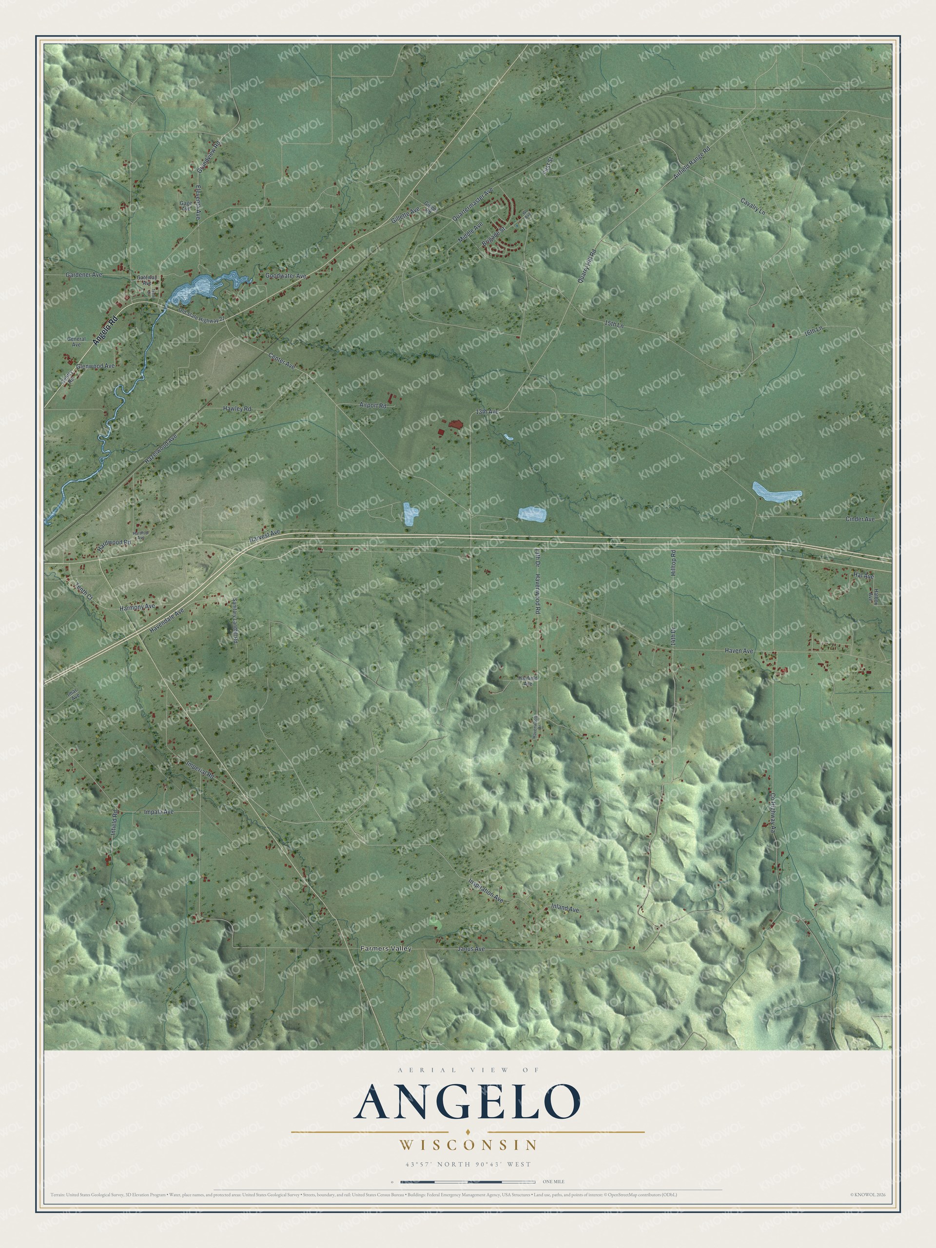 Full map of Angelo, Wisconsin, with red buildings, printed street names and the land around them