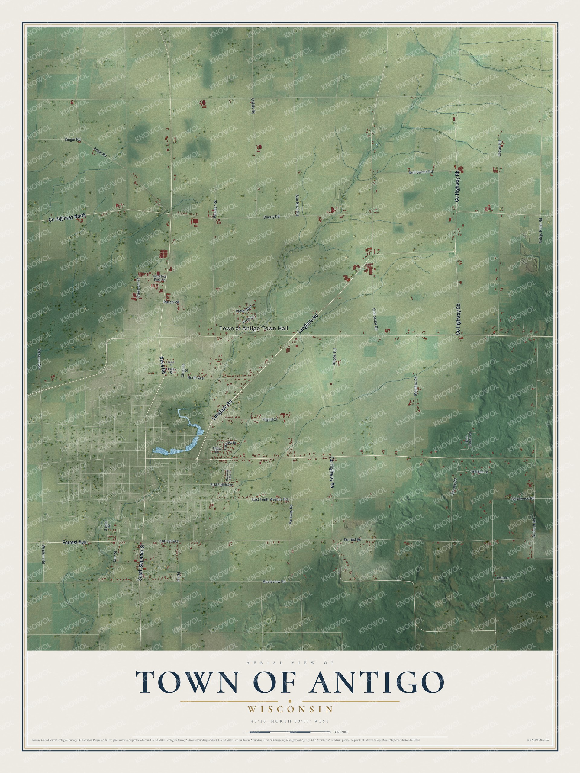 Full map of Antigo, Wisconsin, with red buildings, printed street names and the land around them
