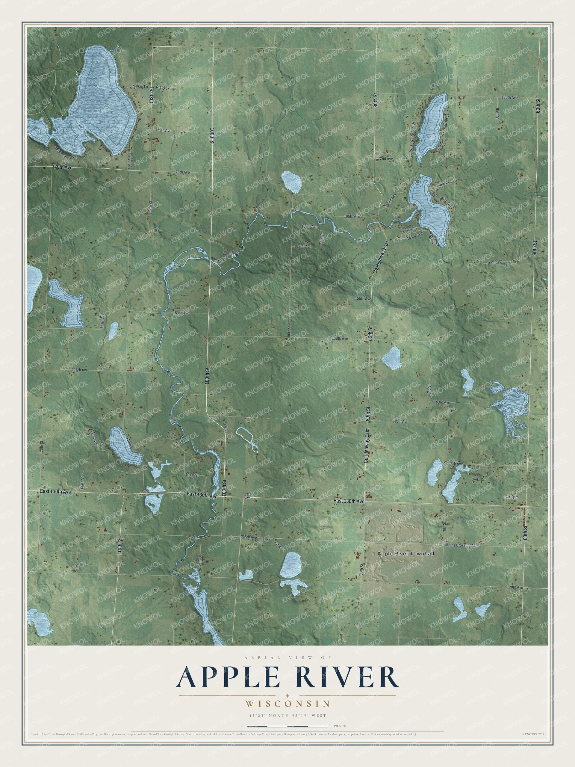 Full map of Apple River, Wisconsin, with red buildings, printed street names and the land around them
