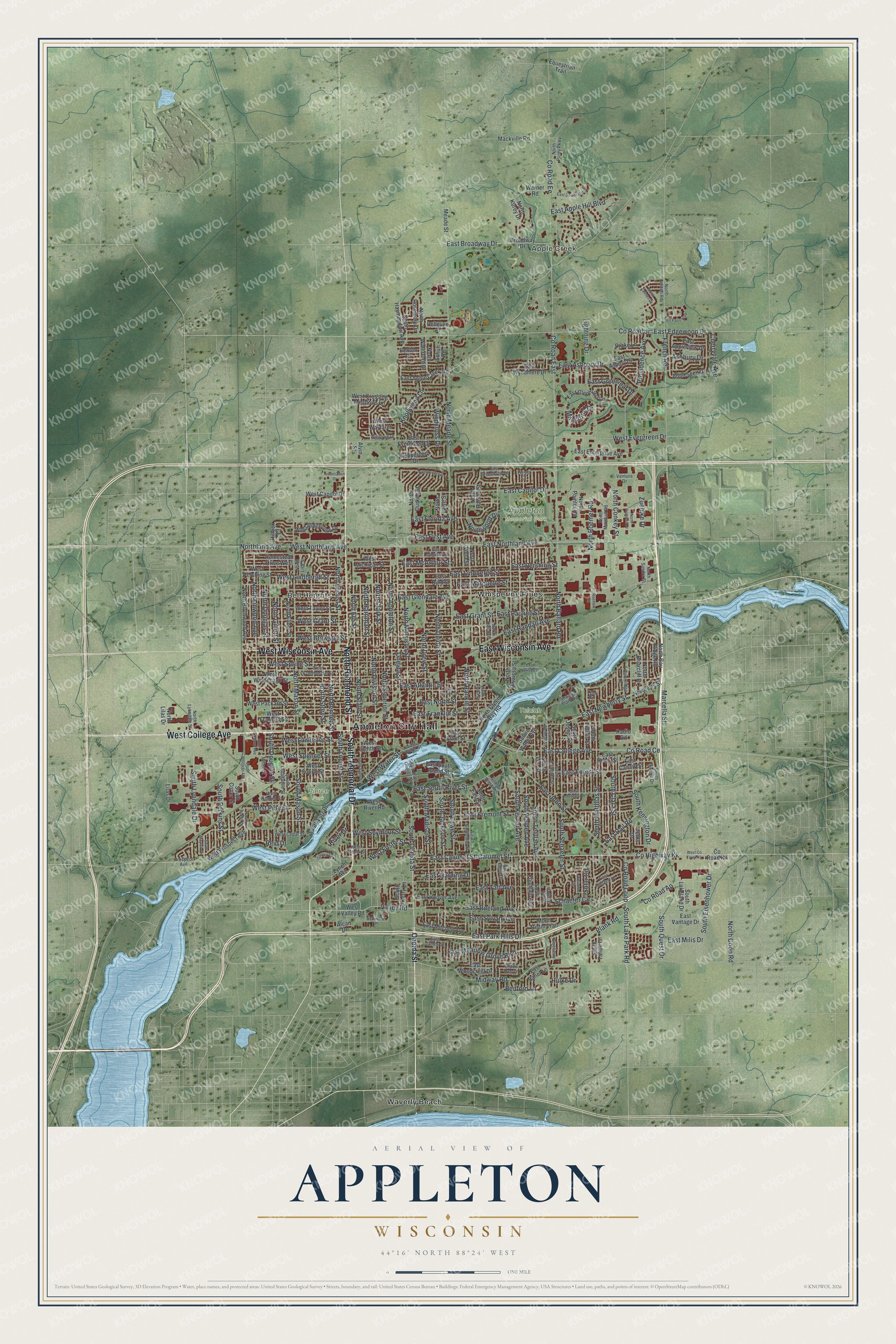 Full map of Appleton, Wisconsin, with red buildings, printed street names and the land around them