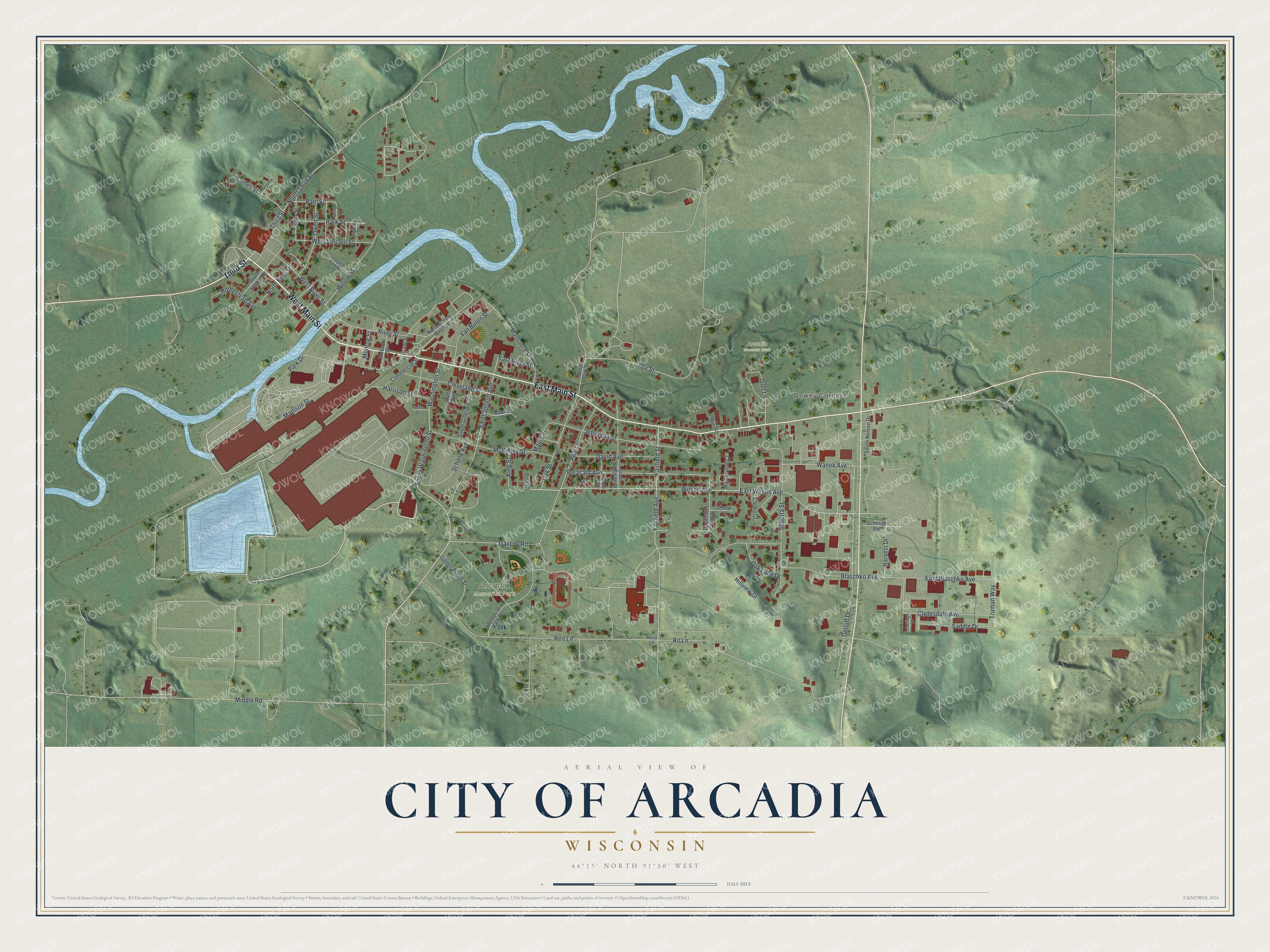 Full map of Arcadia, Wisconsin, with red buildings, printed street names and the land around them