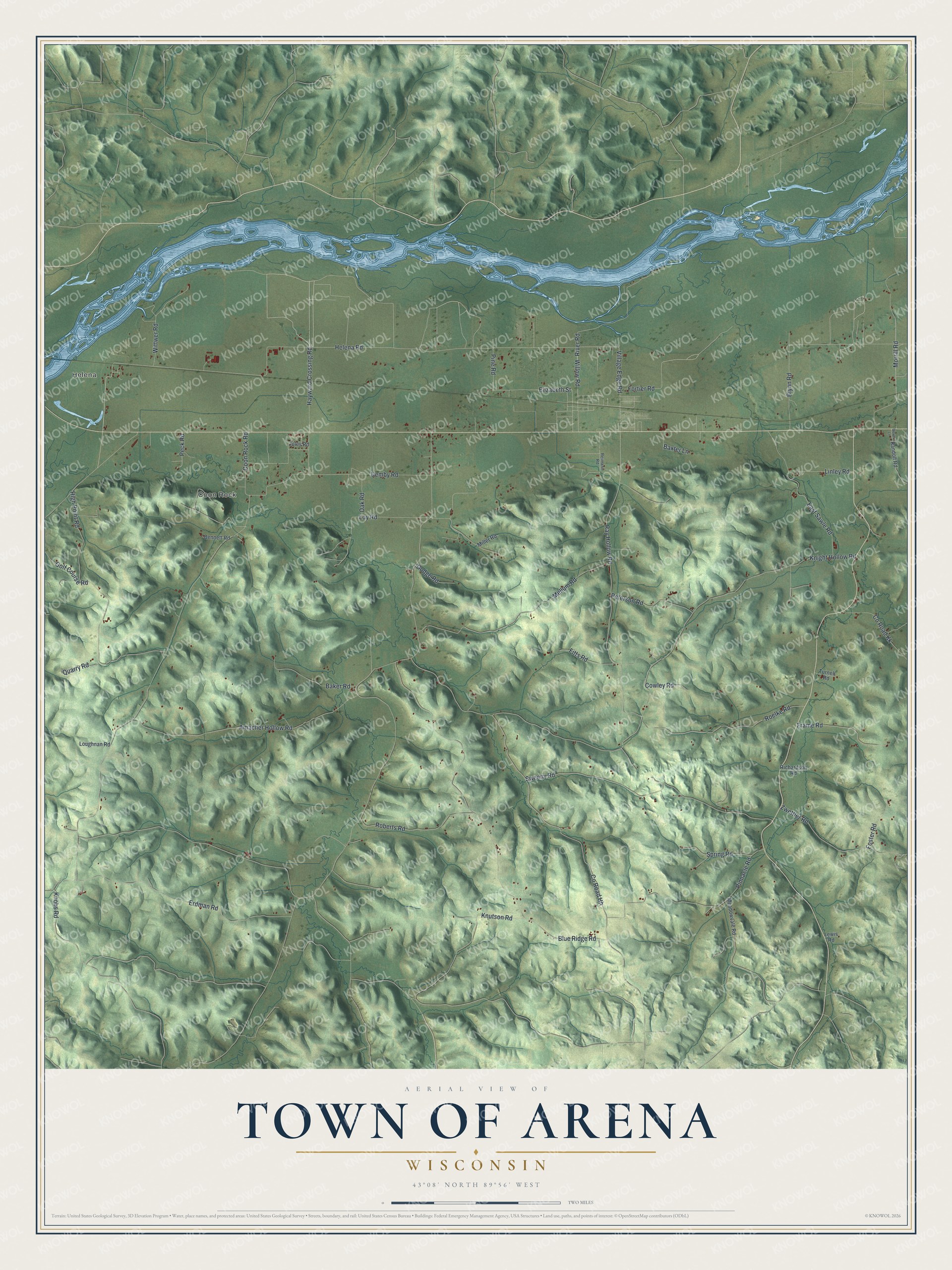 Full map of Arena, Wisconsin, with red buildings, printed street names and the land around them