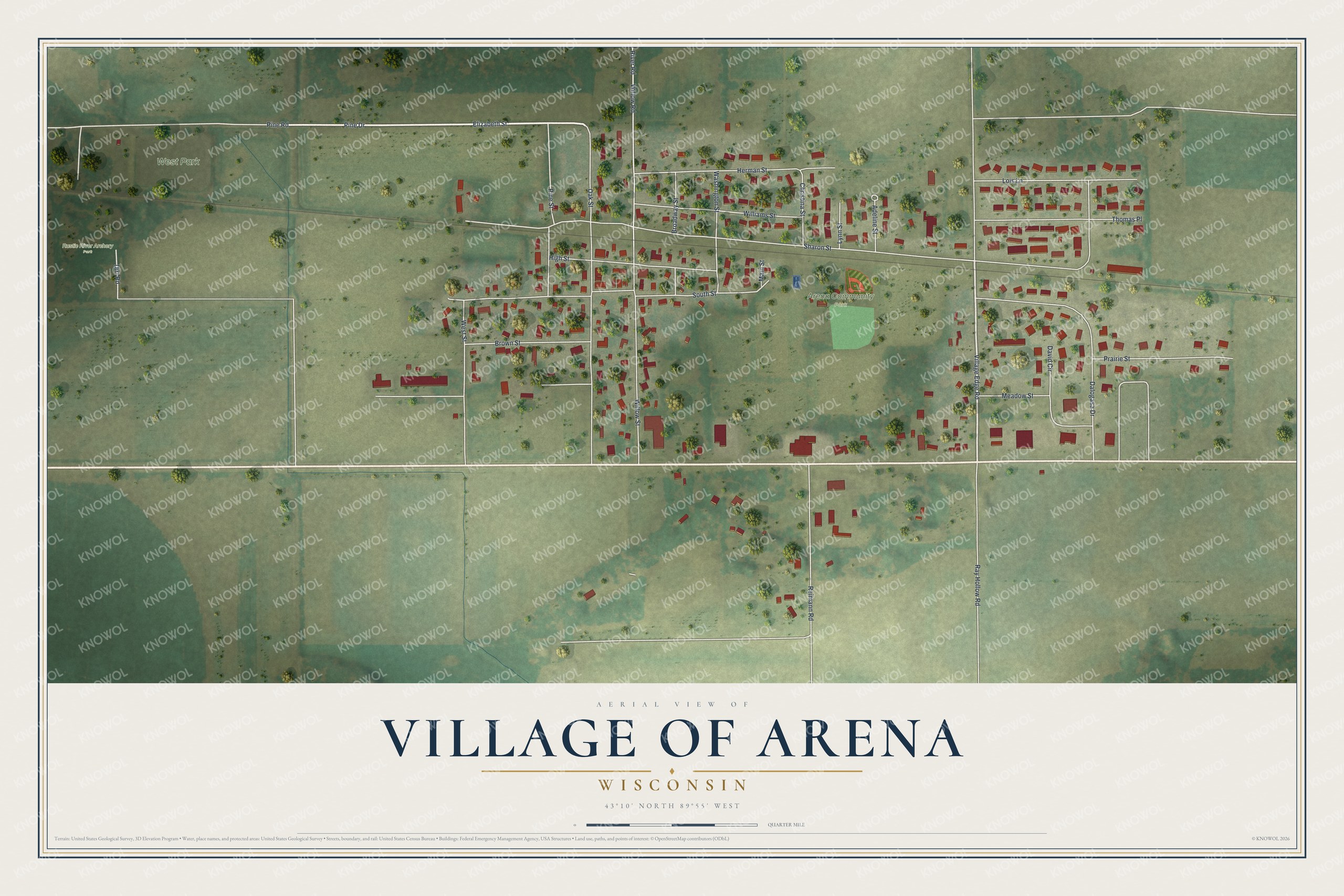 Full map of Arena, Wisconsin, with red buildings, printed street names and the land around them