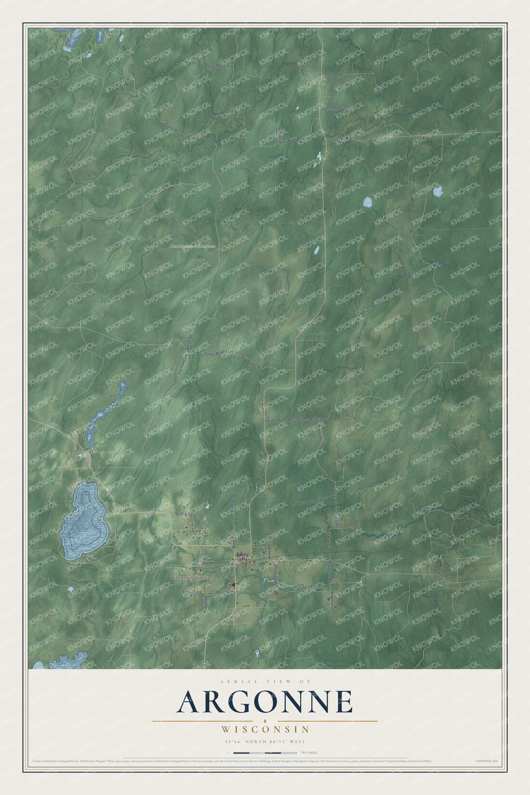 Full map of Argonne, Wisconsin, with red buildings, printed street names and the land around them