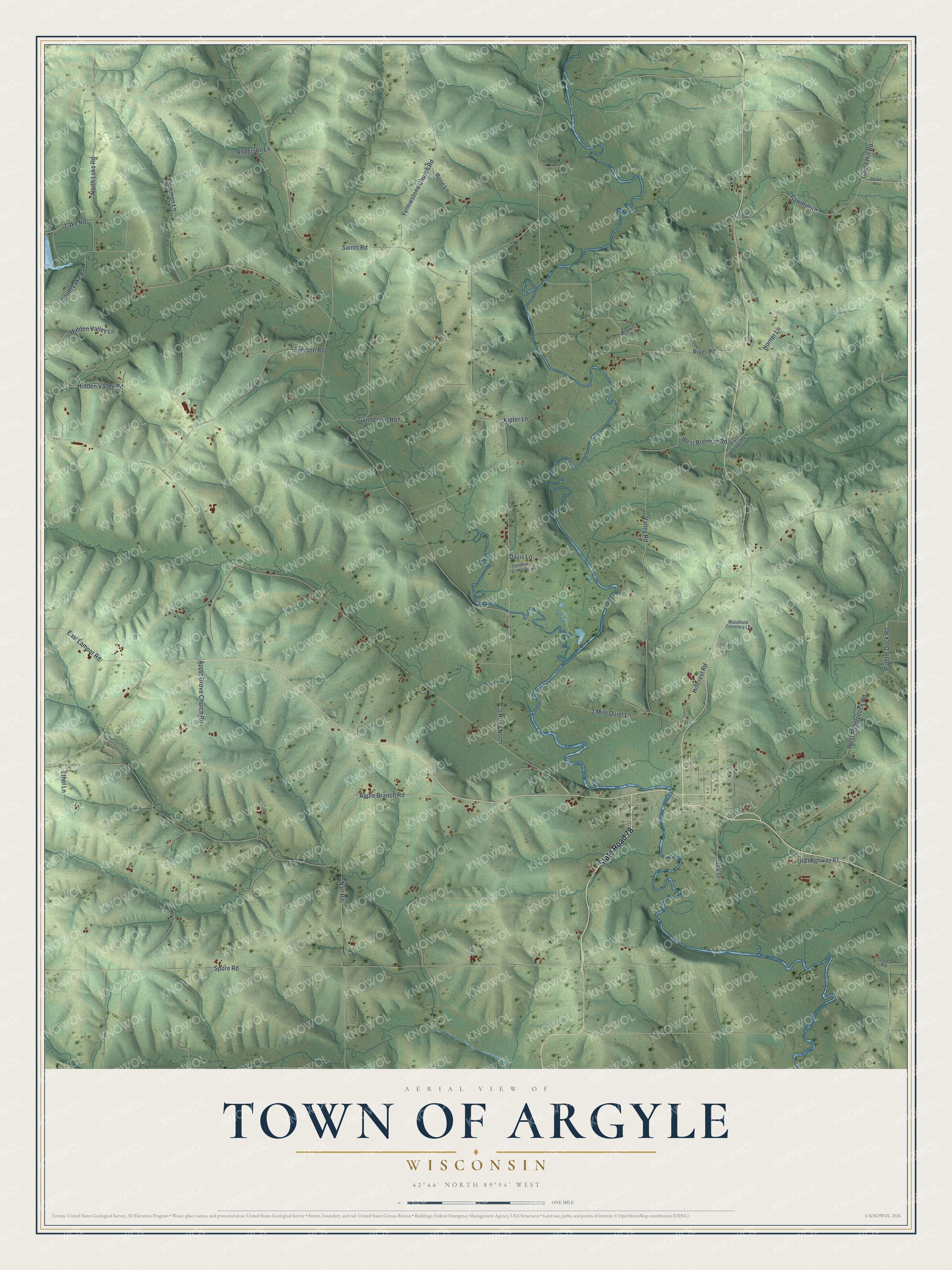 Full map of Argyle, Wisconsin, with red buildings, printed street names and the land around them