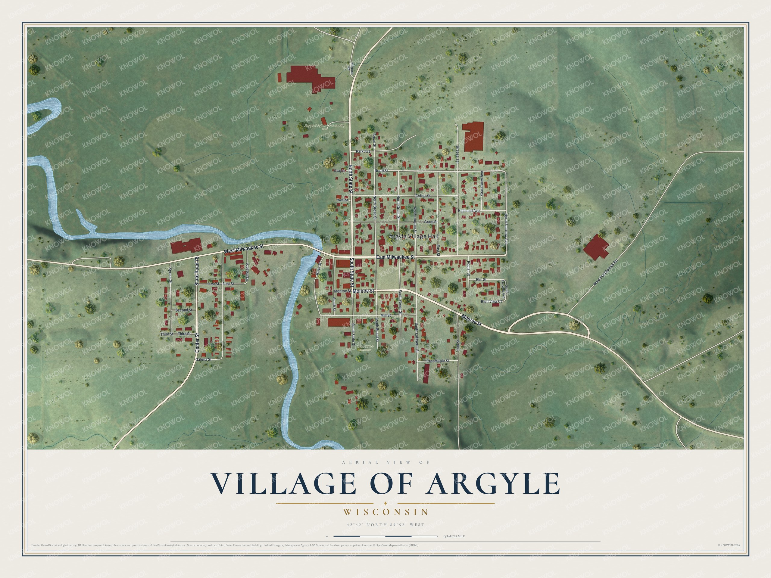 Full map of Argyle, Wisconsin, with red buildings, printed street names and the land around them