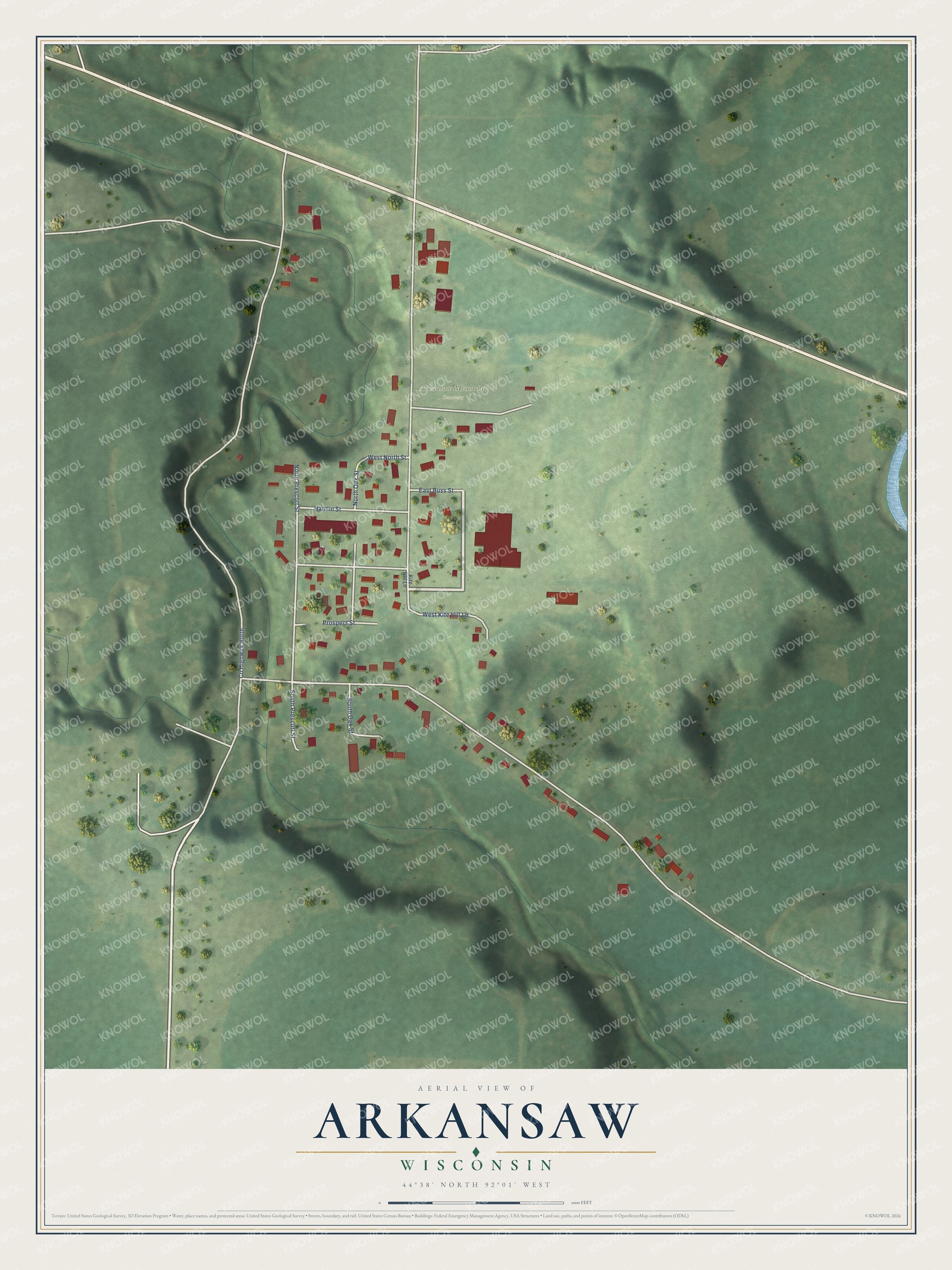 Full map of Arkansaw, Wisconsin, with red buildings, printed street names and the land around them