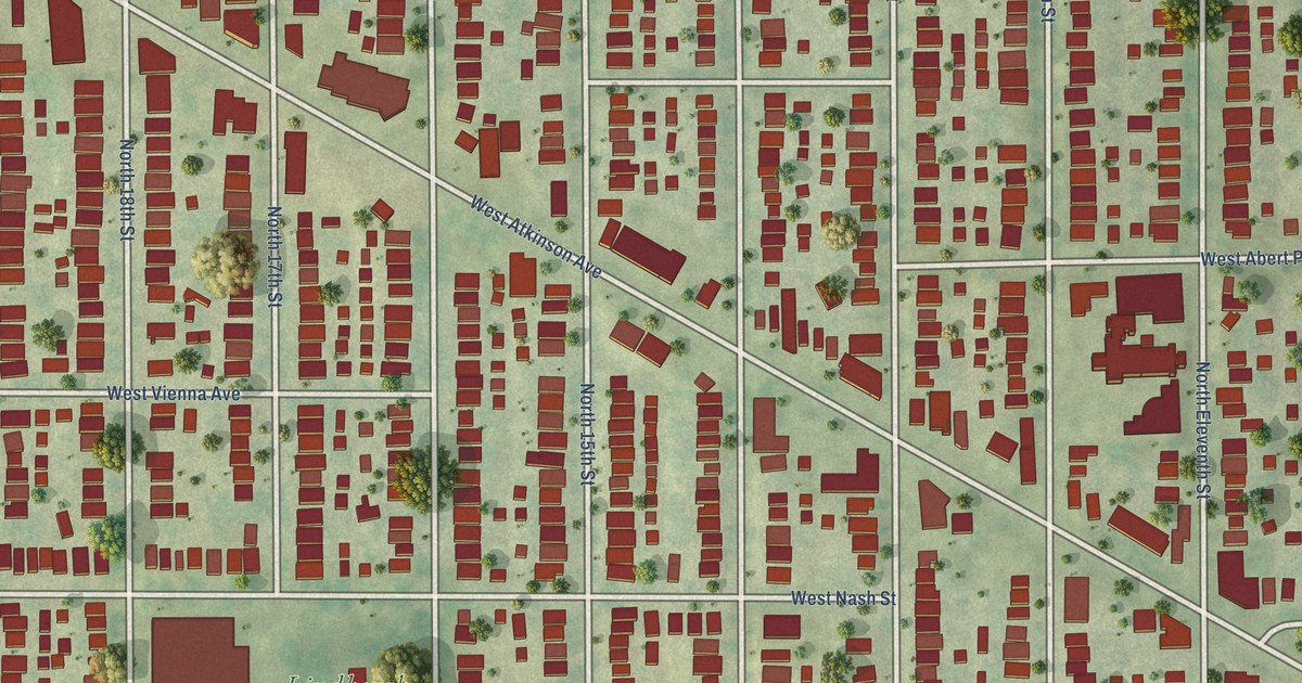 Close-up of streets and buildings in Arlington Heights, Wisconsin