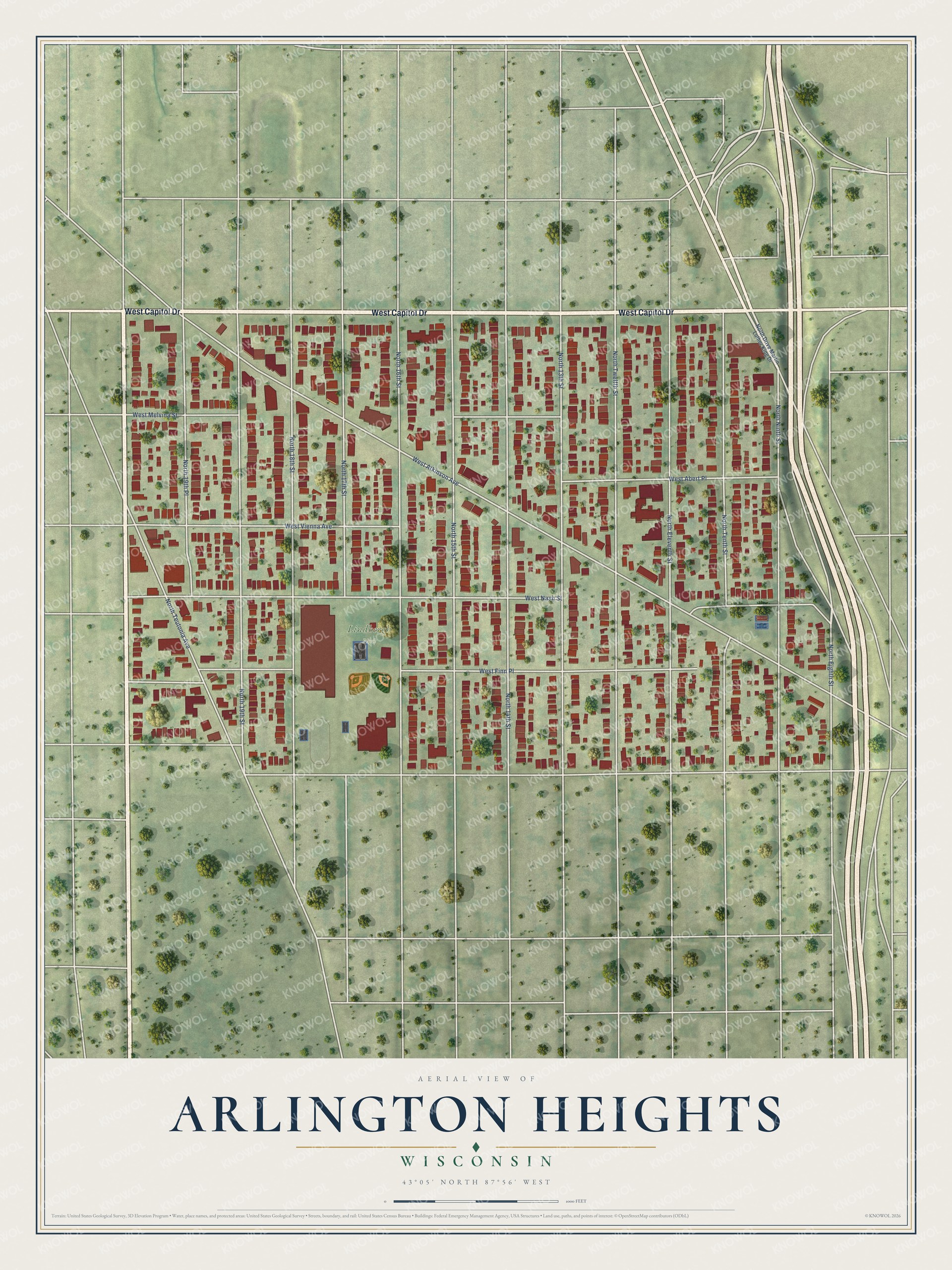 Full map of Arlington Heights, Wisconsin, with red buildings, printed street names and the land around them
