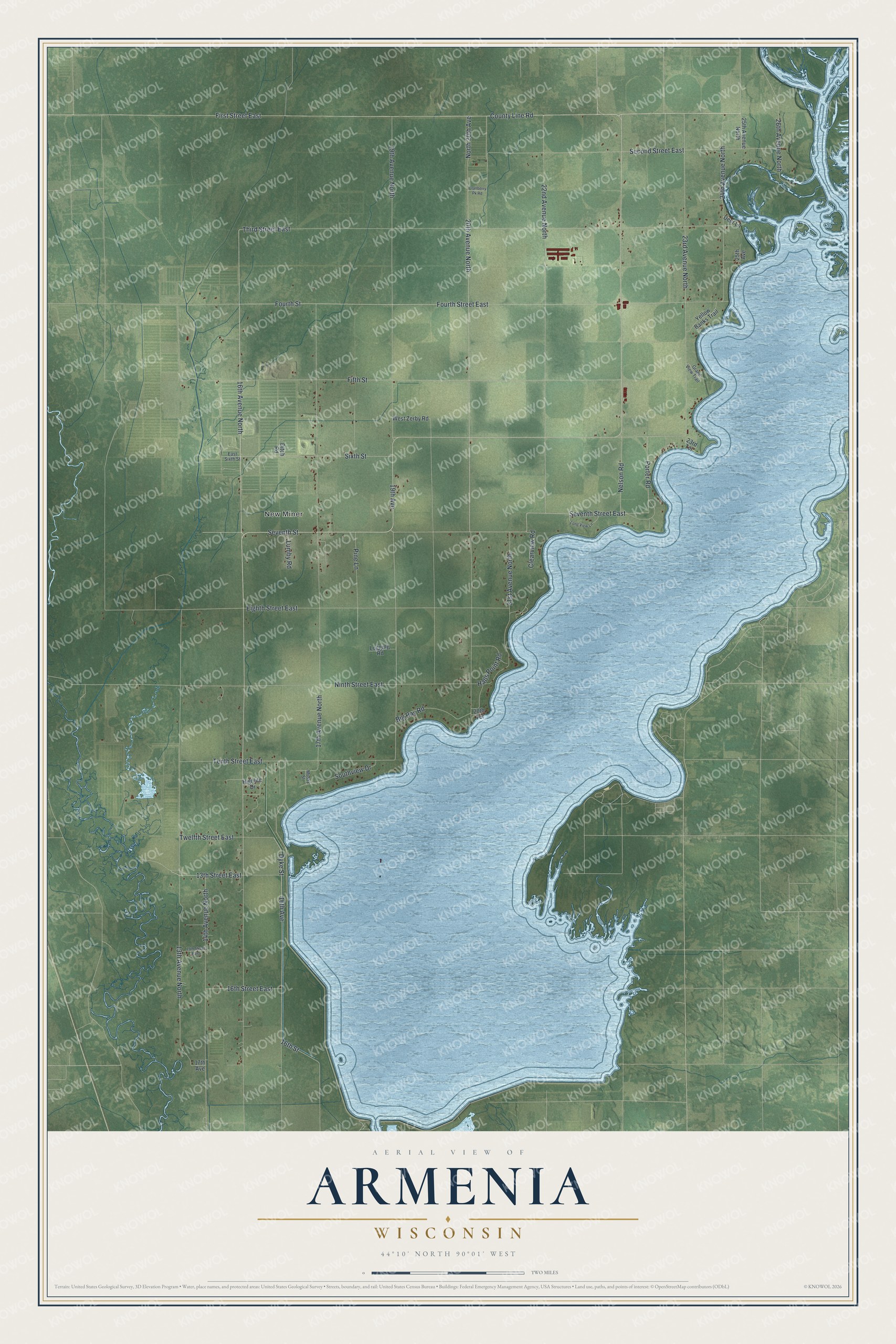 Full map of Armenia, Wisconsin, with red buildings, printed street names and the land around them
