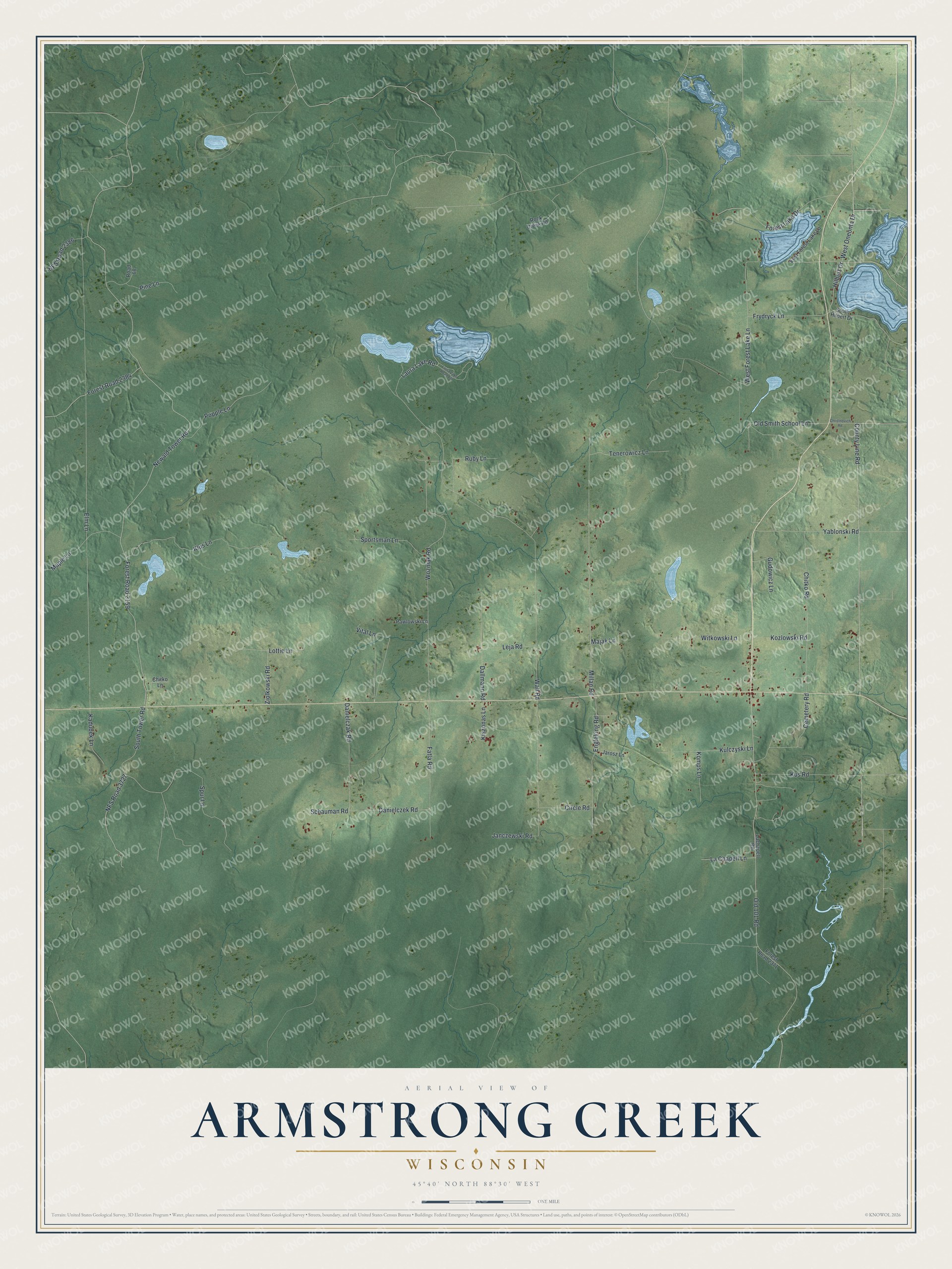 Full map of Armstrong Creek, Wisconsin, with red buildings, printed street names and the land around them