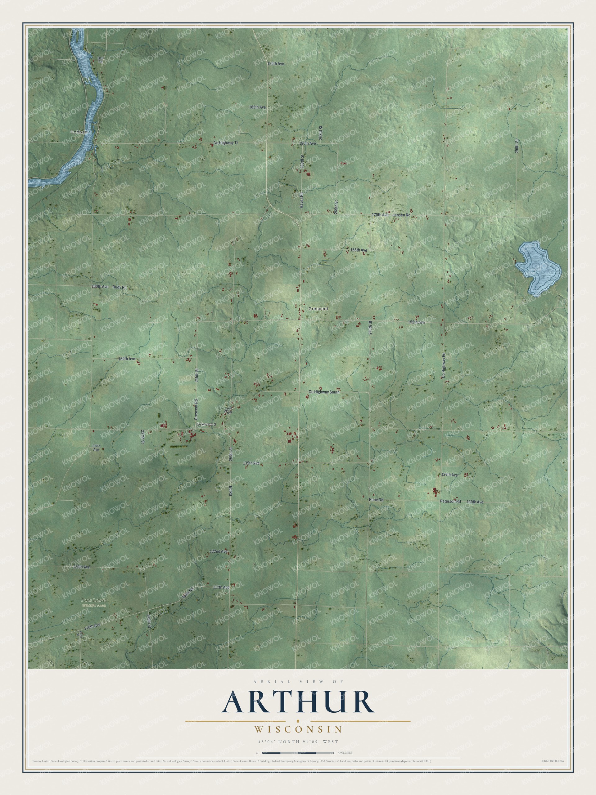 Full map of Arthur, Wisconsin, with red buildings, printed street names and the land around them