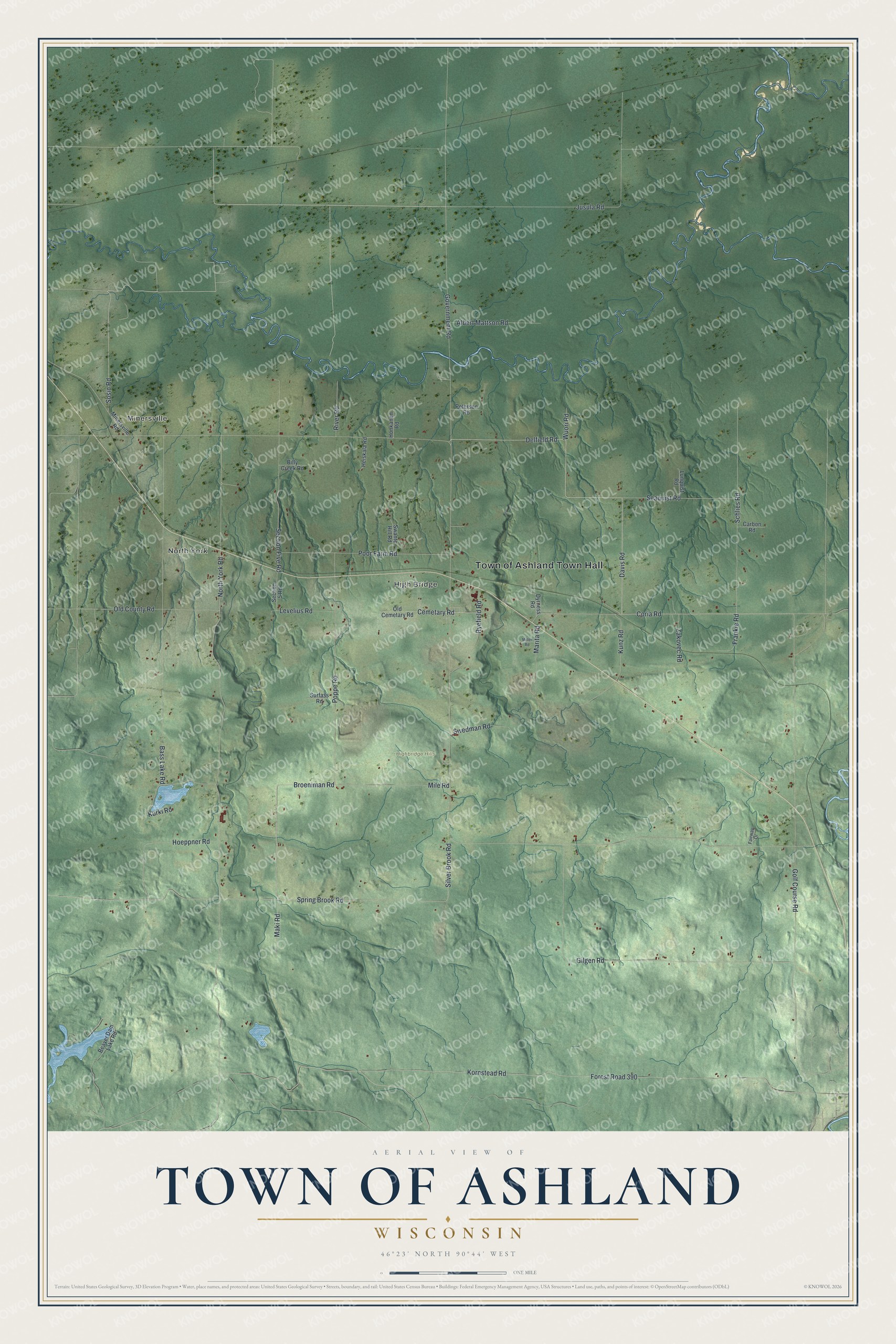 Full map of Ashland, Wisconsin, with red buildings, printed street names and the land around them