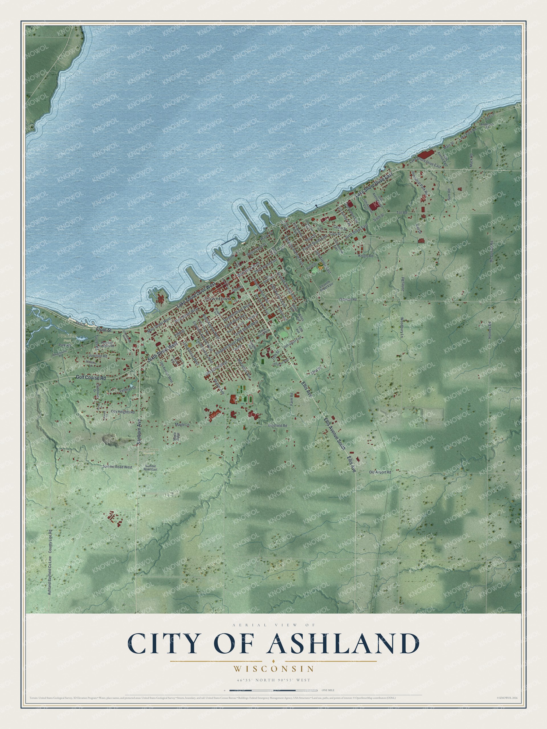 Full map of Ashland, Wisconsin, with red buildings, printed street names and the land around them