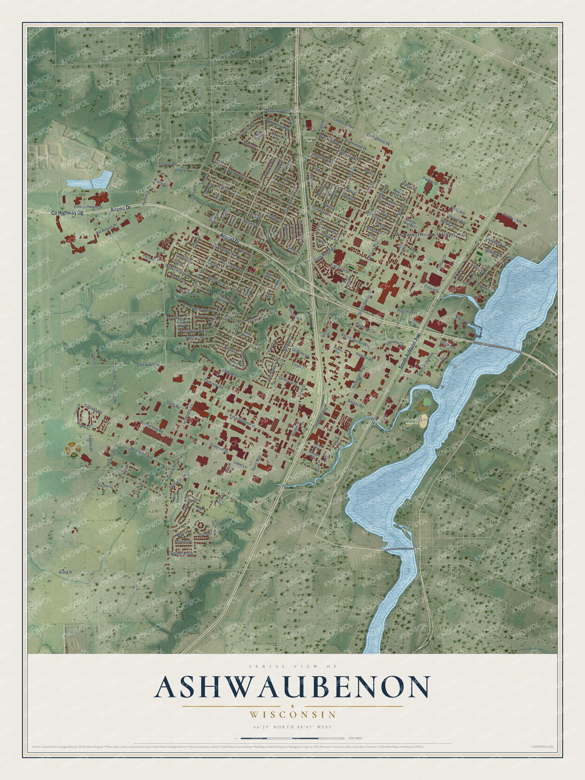 Full map of Ashwaubenon, Wisconsin, with red buildings, printed street names and the land around them