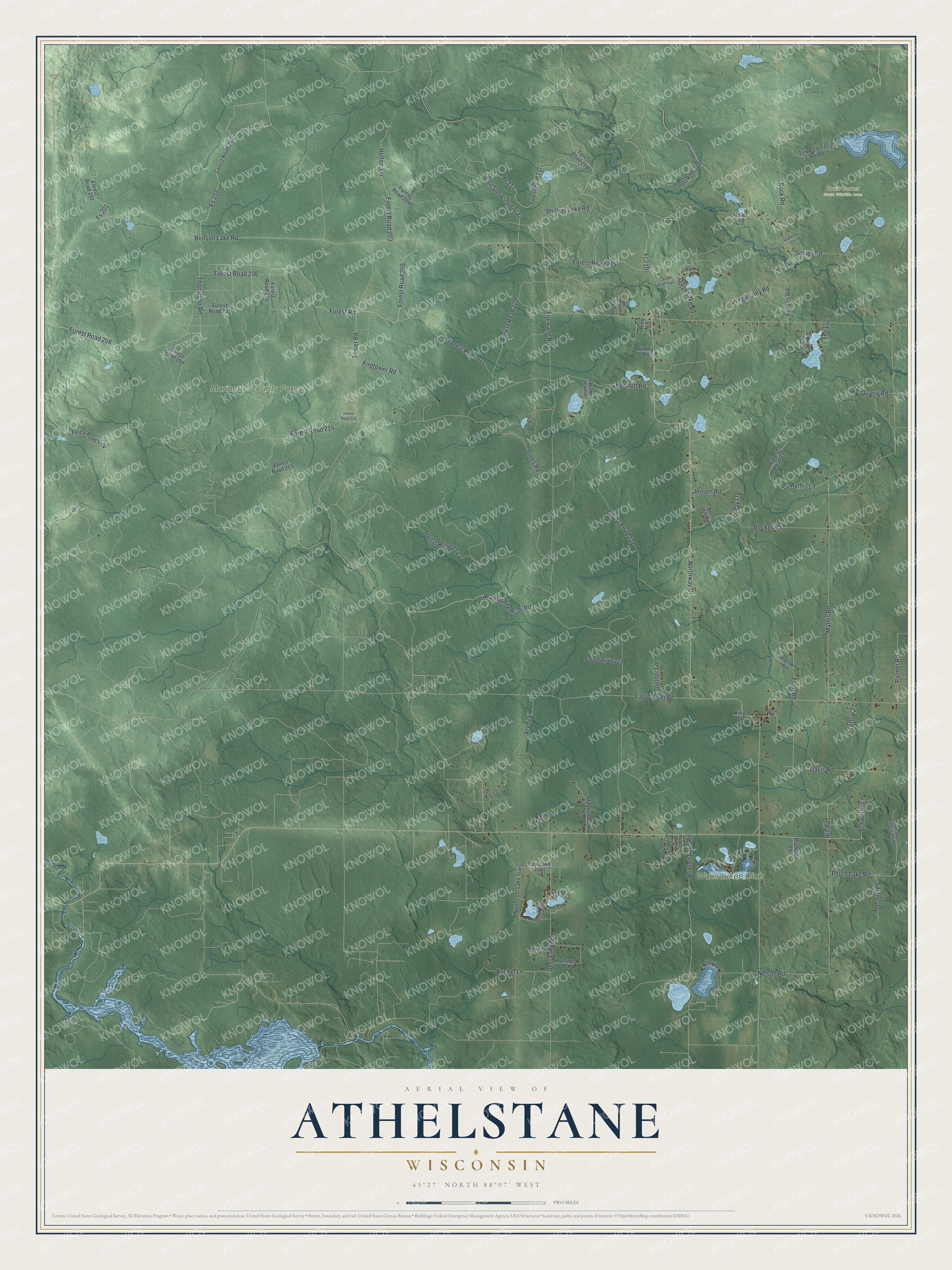 Full map of Athelstane, Wisconsin, with red buildings, printed street names and the land around them