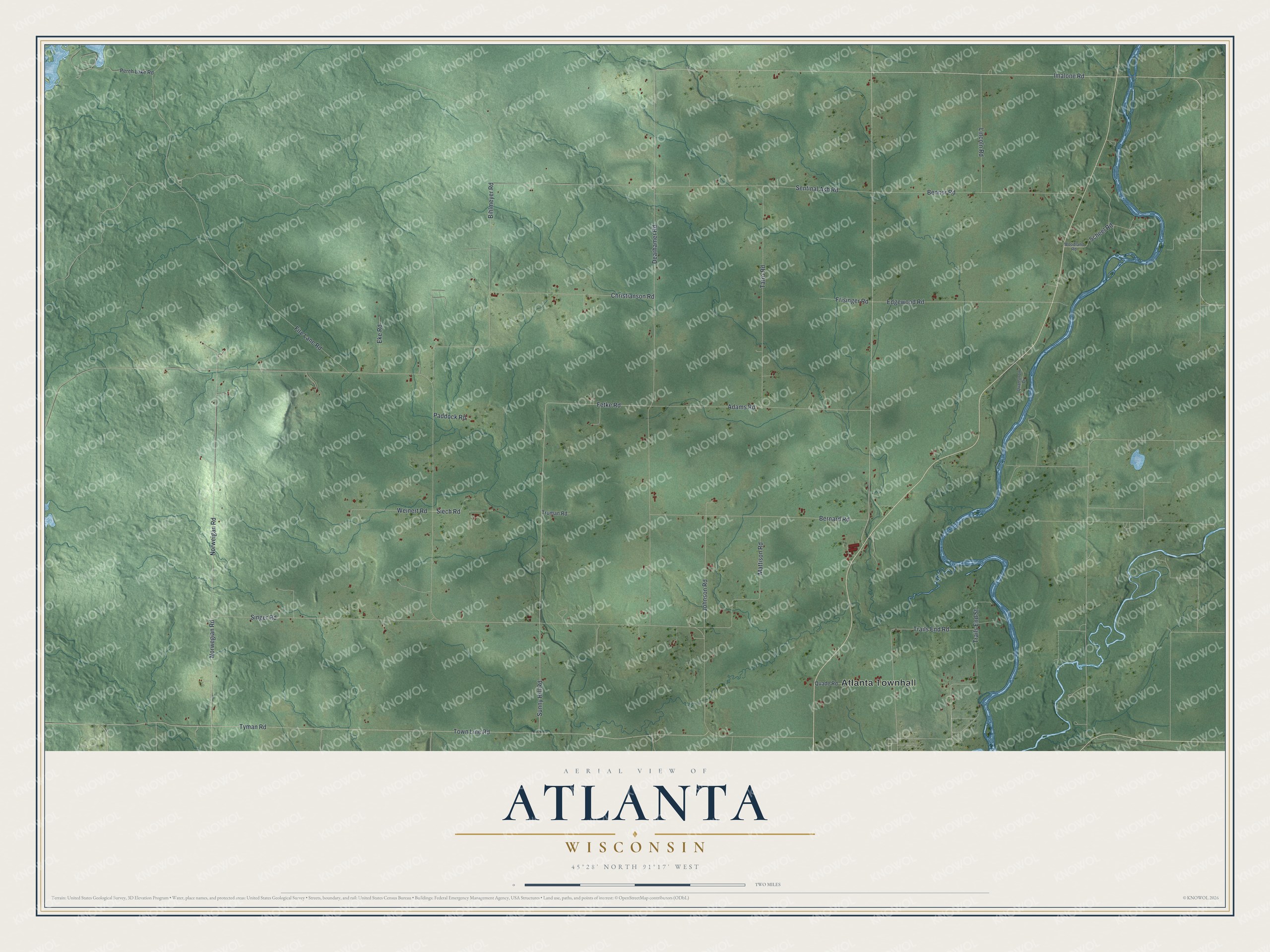 Full map of Atlanta, Wisconsin, with red buildings, printed street names and the land around them