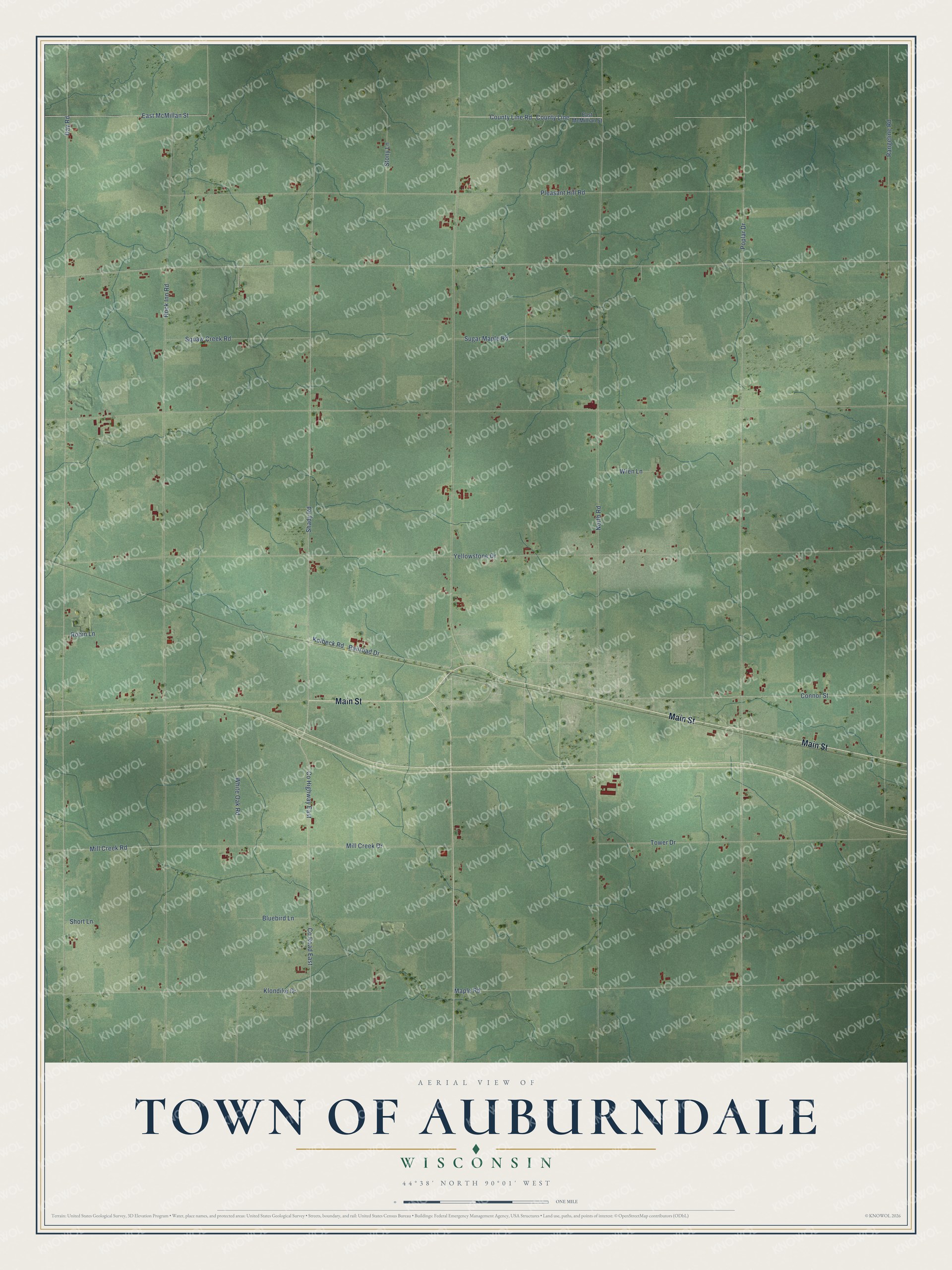 Full map of Auburndale, Wisconsin, with red buildings, printed street names and the land around them