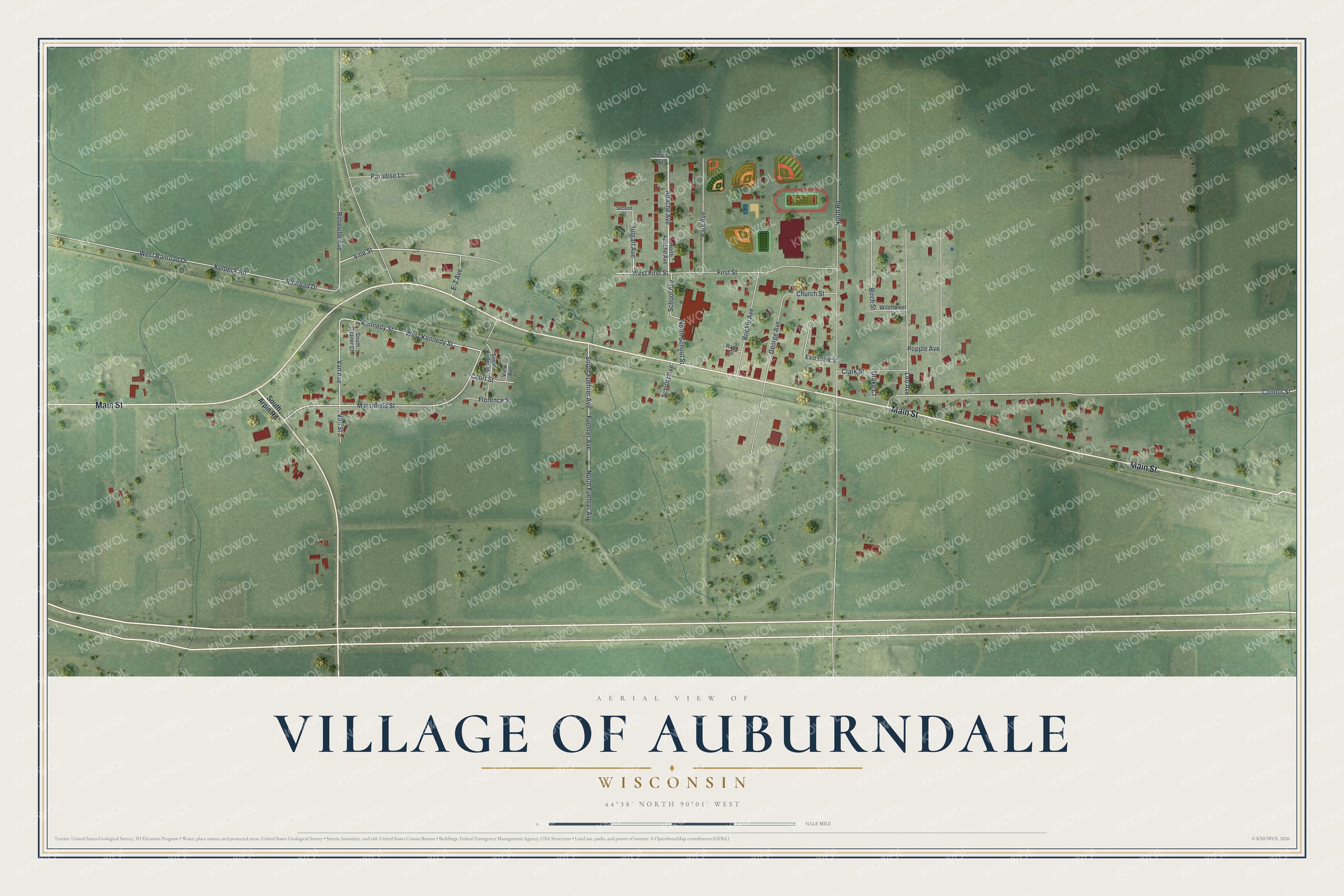 Full map of Auburndale, Wisconsin, with red buildings, printed street names and the land around them