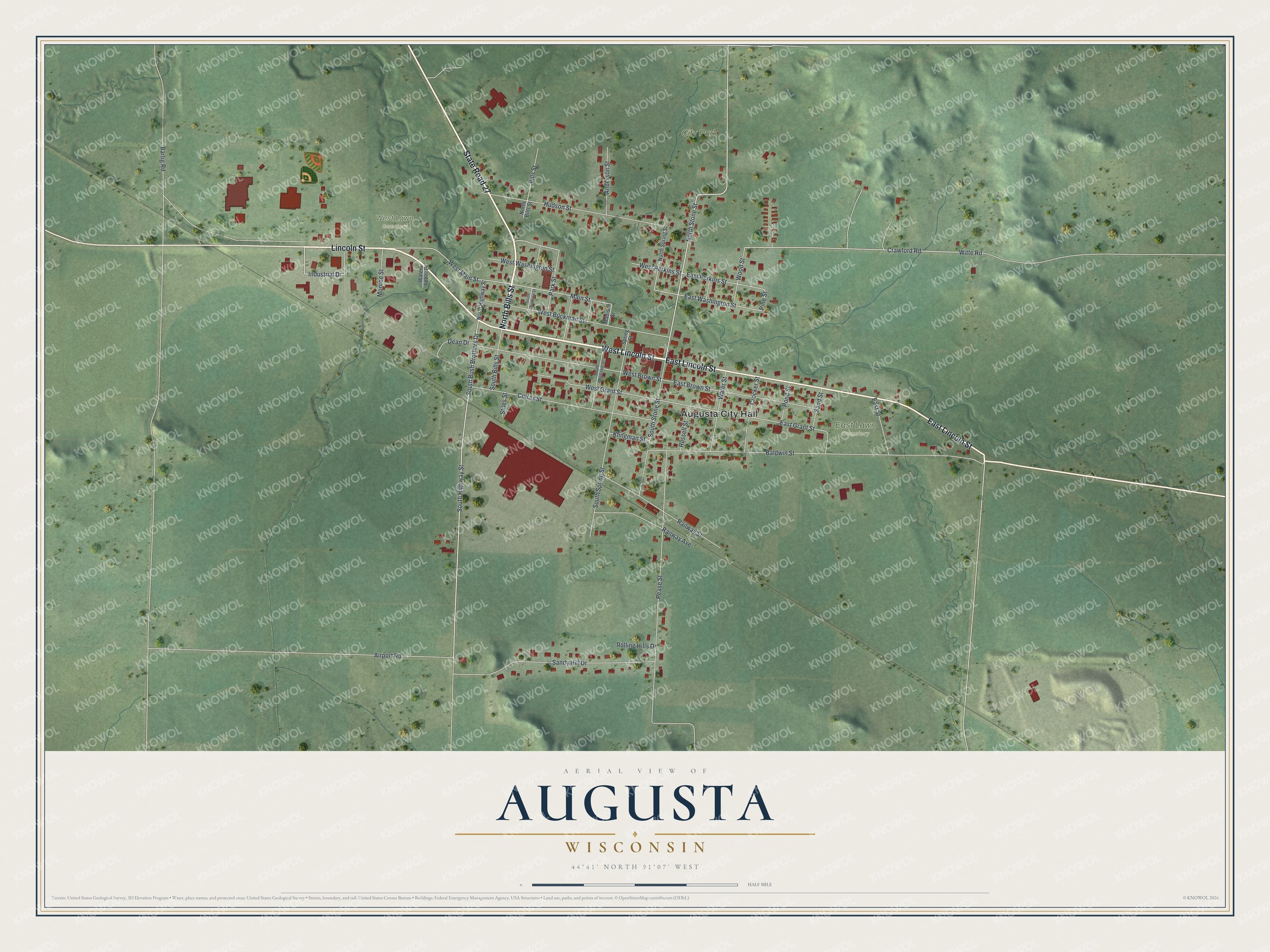 Full map of Augusta, Wisconsin, with red buildings, printed street names and the land around them