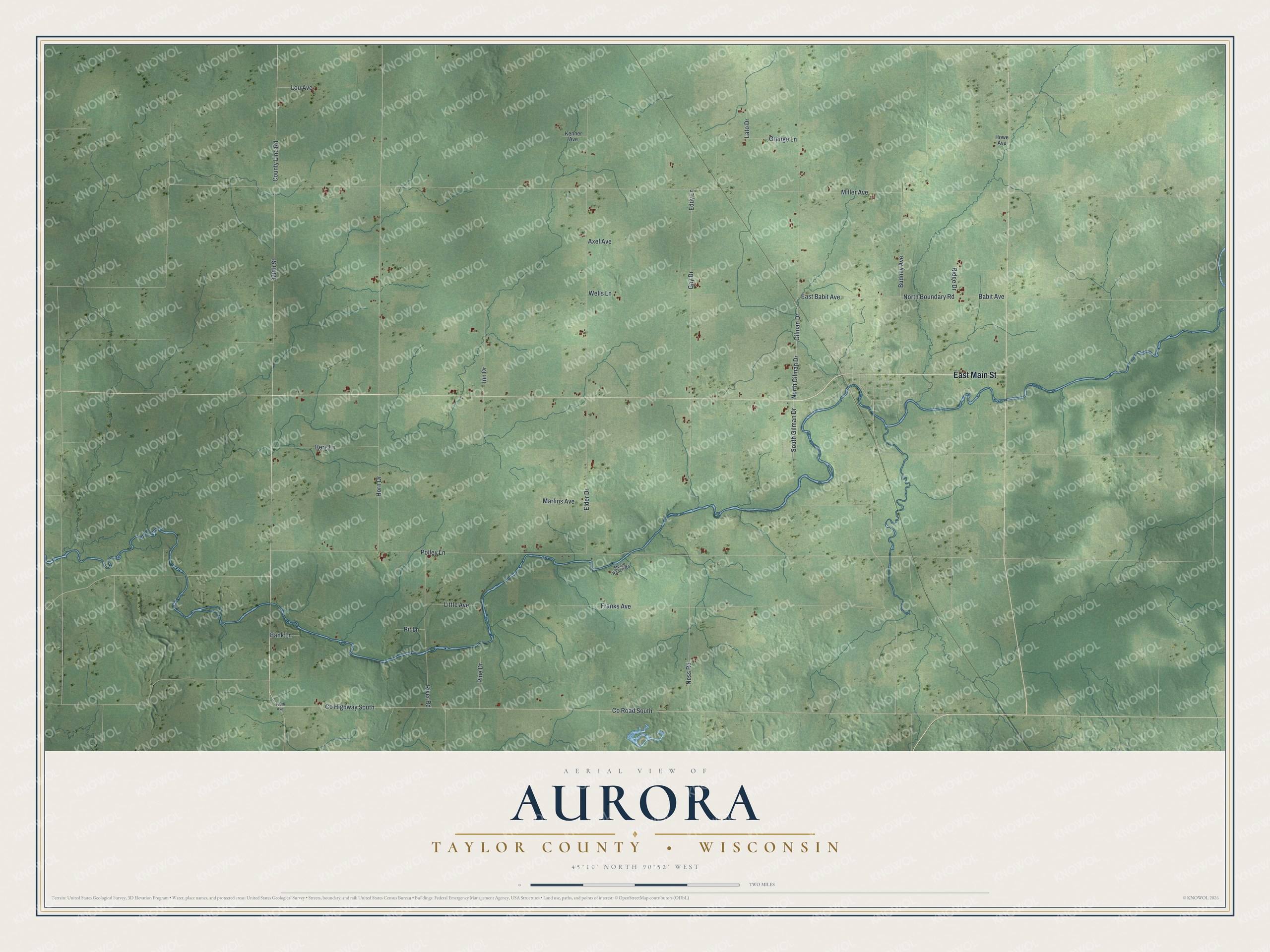 Full map of Aurora, Wisconsin, with red buildings, printed street names and the land around them