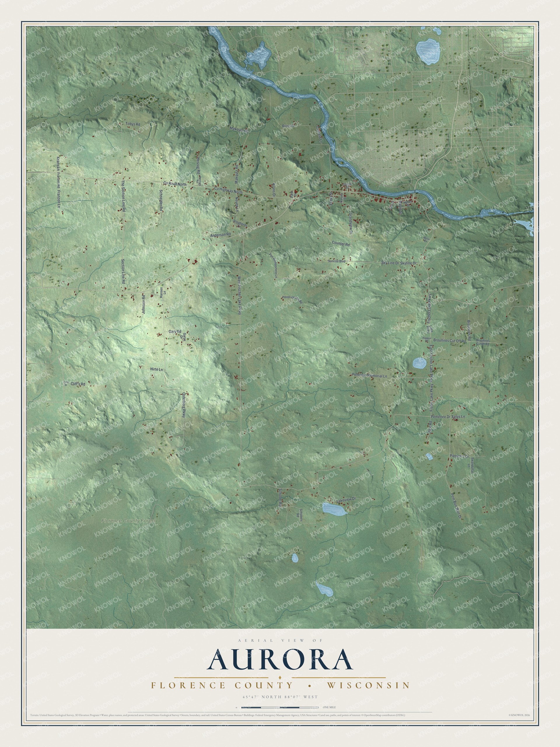 Full map of Aurora, Wisconsin, with red buildings, printed street names and the land around them
