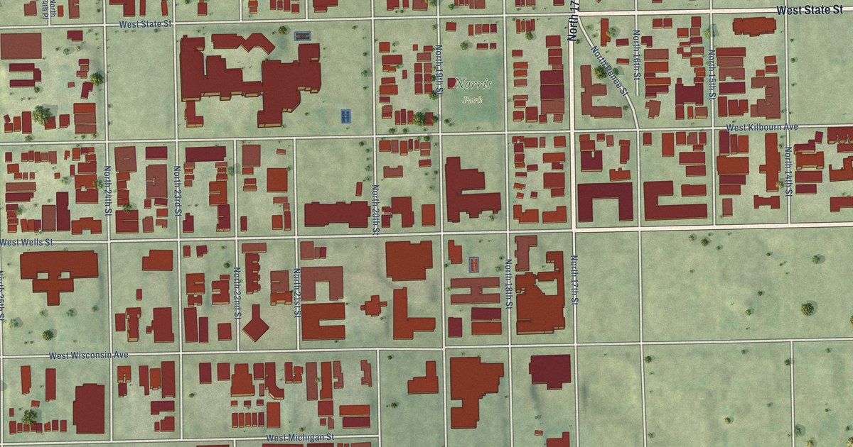 Close-up of streets and buildings in Avenues West, Wisconsin