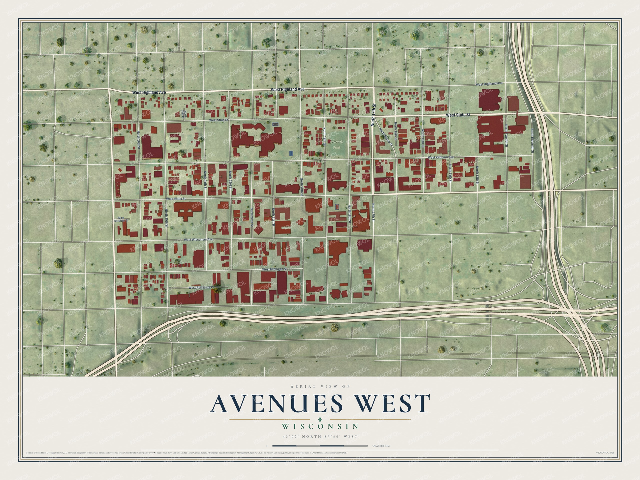 Full map of Avenues West, Wisconsin, with red buildings, printed street names and the land around them