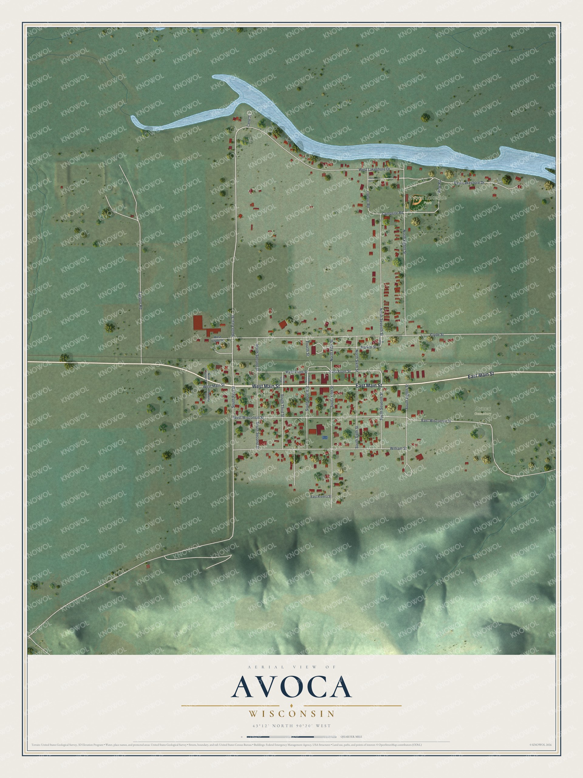 Full map of Avoca, Wisconsin, with red buildings, printed street names and the land around them