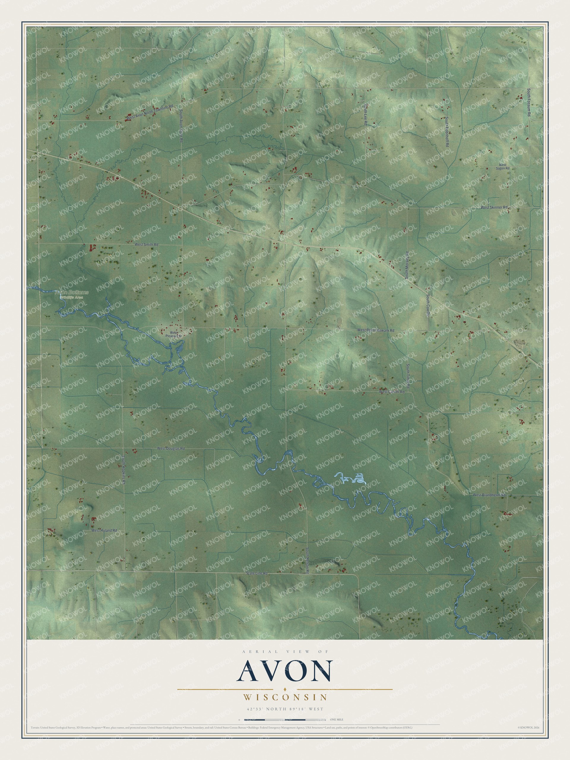 Full map of Avon, Wisconsin, with red buildings, printed street names and the land around them