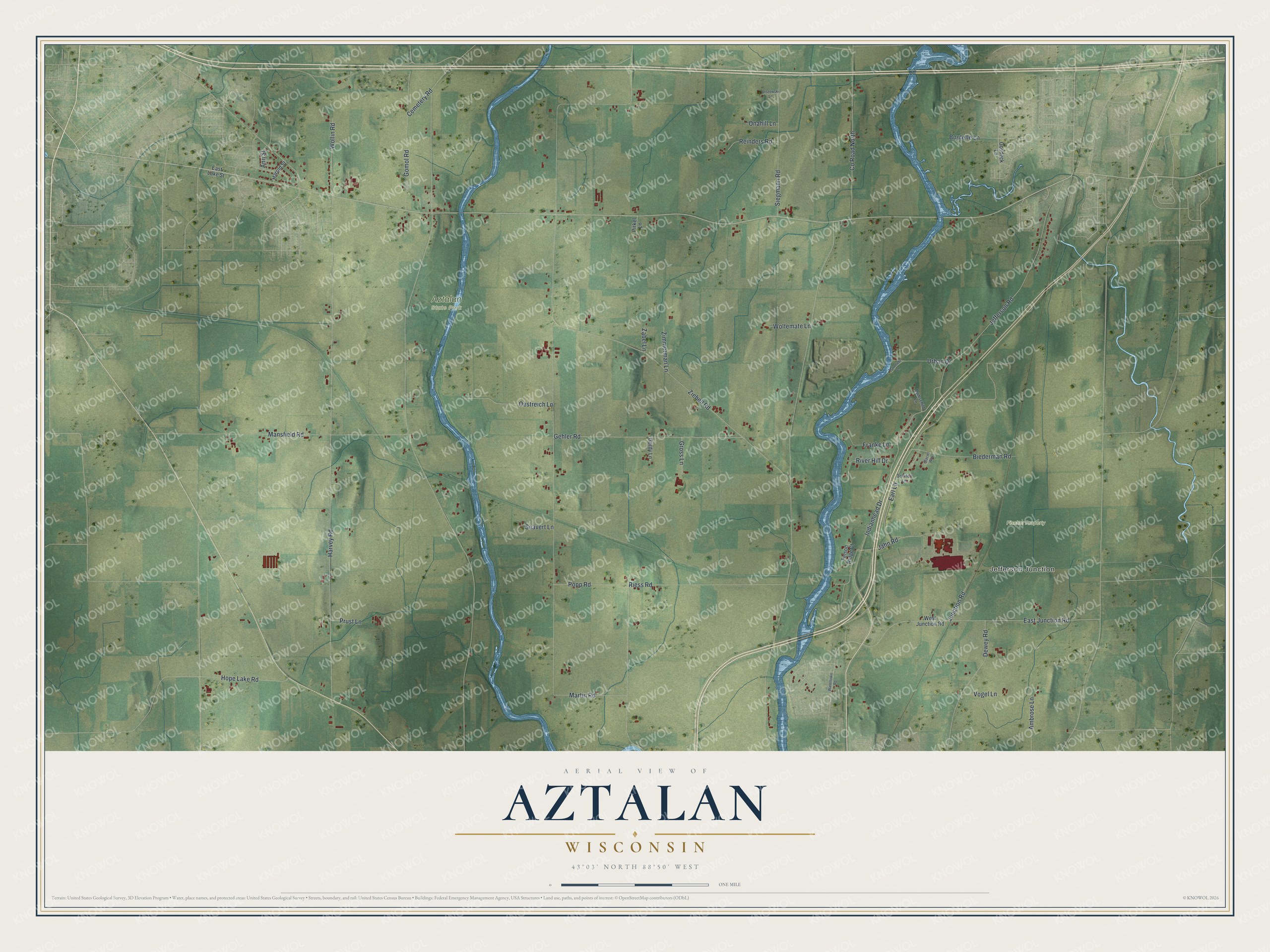 Full map of Aztalan, Wisconsin, with red buildings, printed street names and the land around them