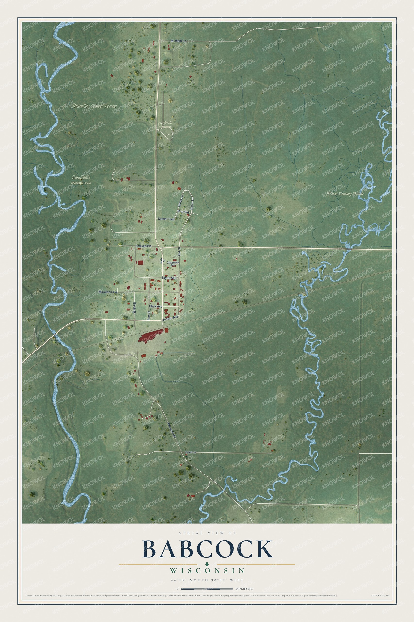 Full map of Babcock, Wisconsin, with red buildings, printed street names and the land around them