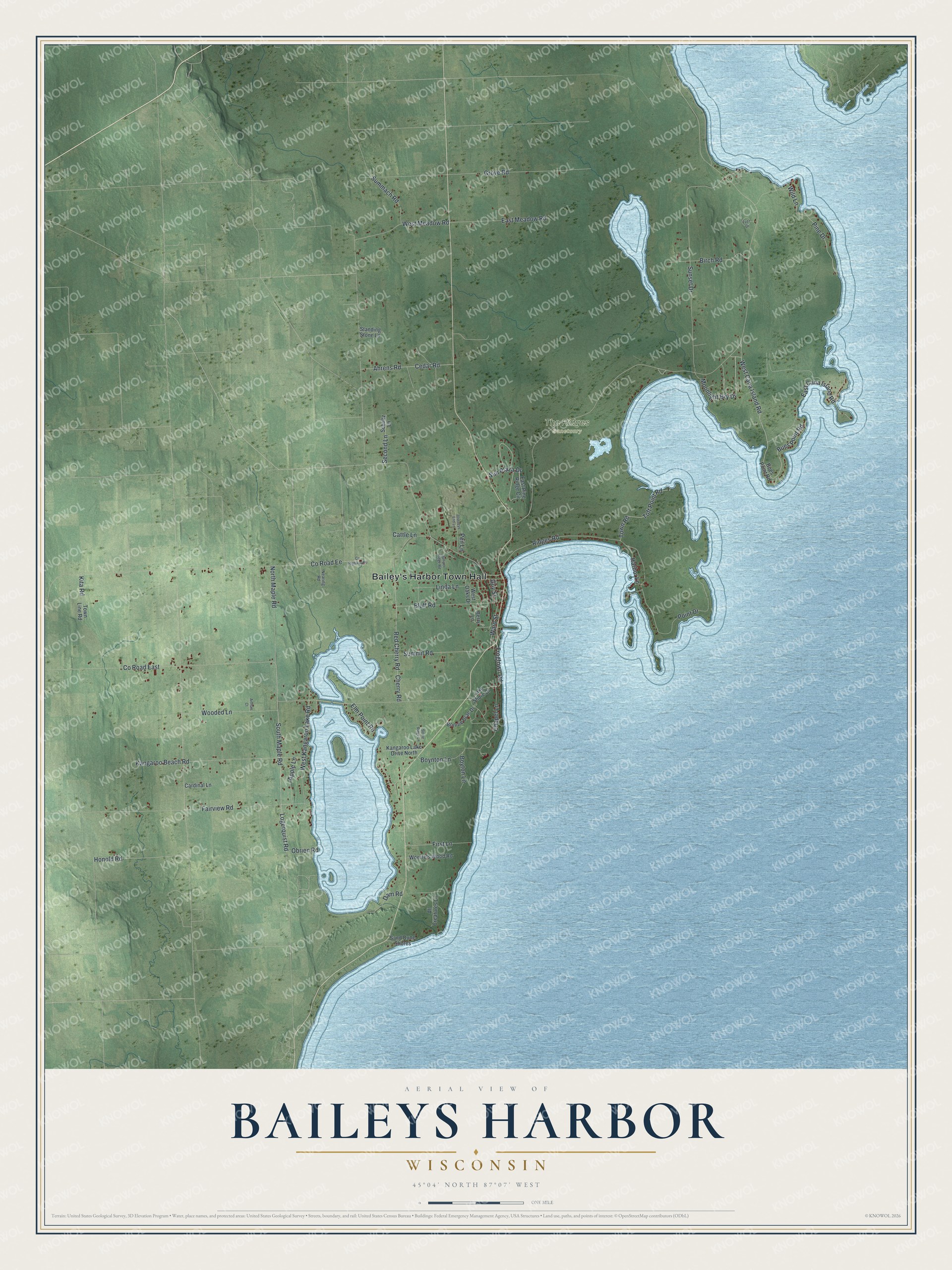 Full map of Baileys Harbor, Wisconsin, with red buildings, printed street names and the land around them
