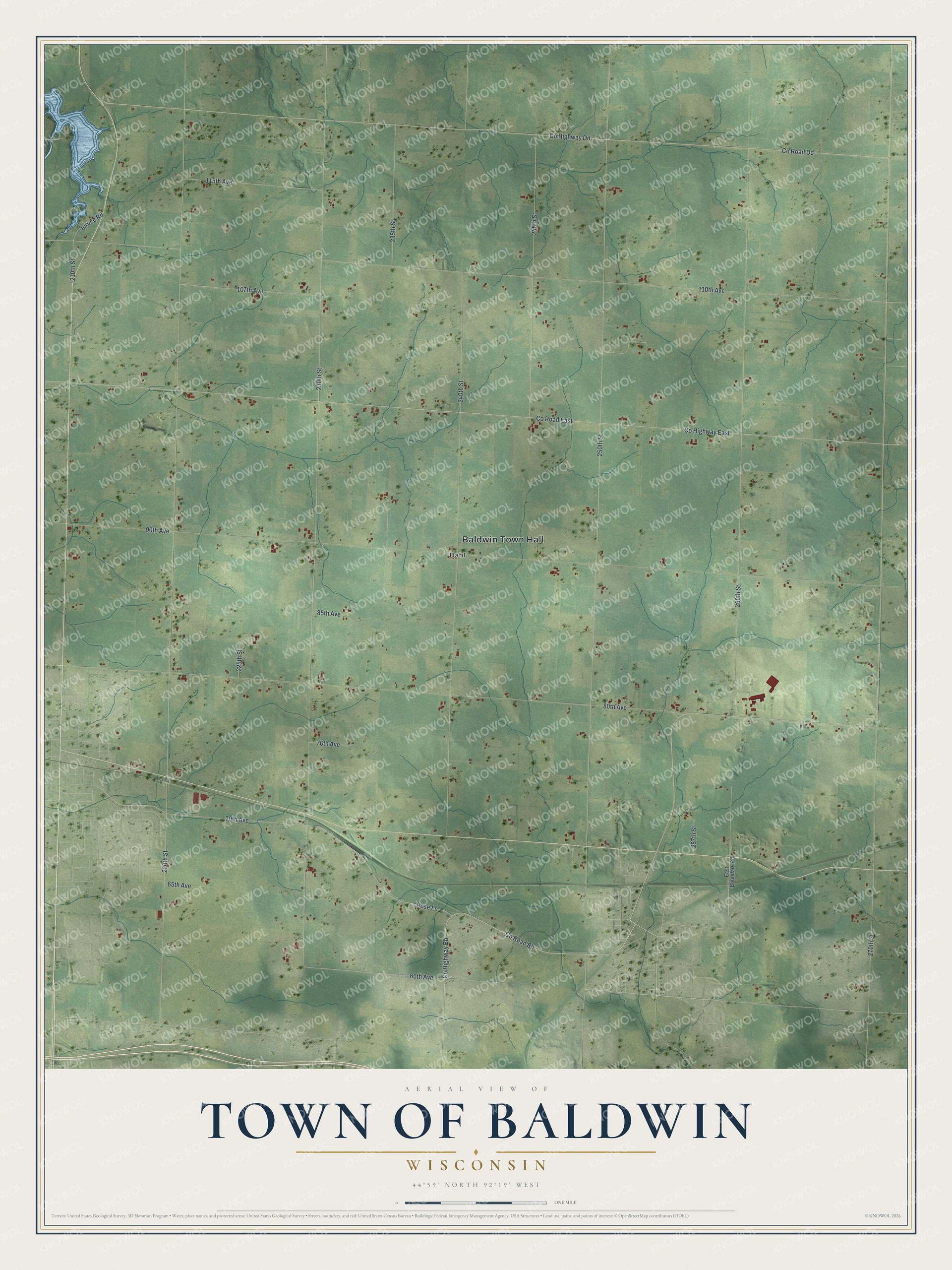Full map of Baldwin, Wisconsin, with red buildings, printed street names and the land around them