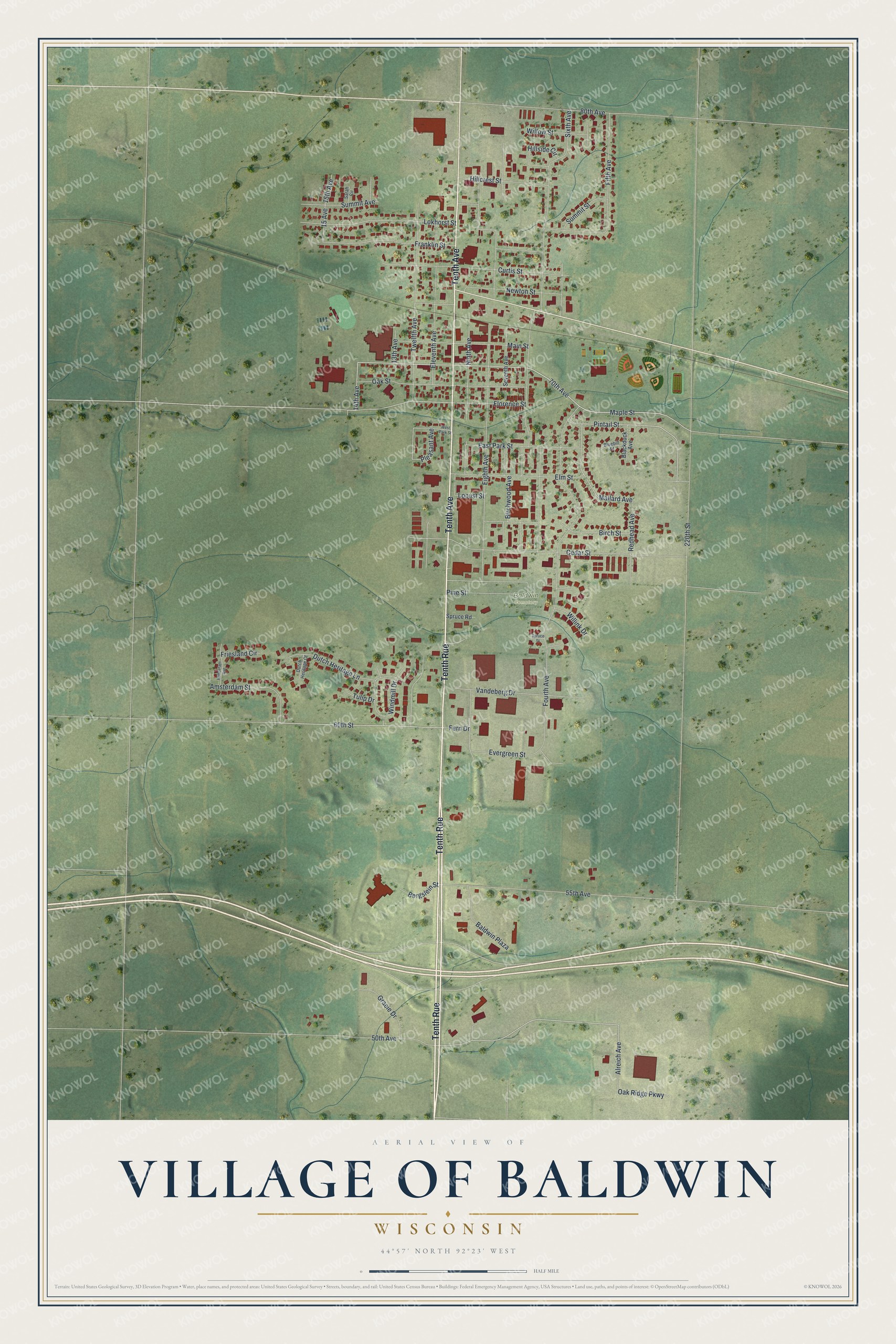 Full map of Baldwin, Wisconsin, with red buildings, printed street names and the land around them