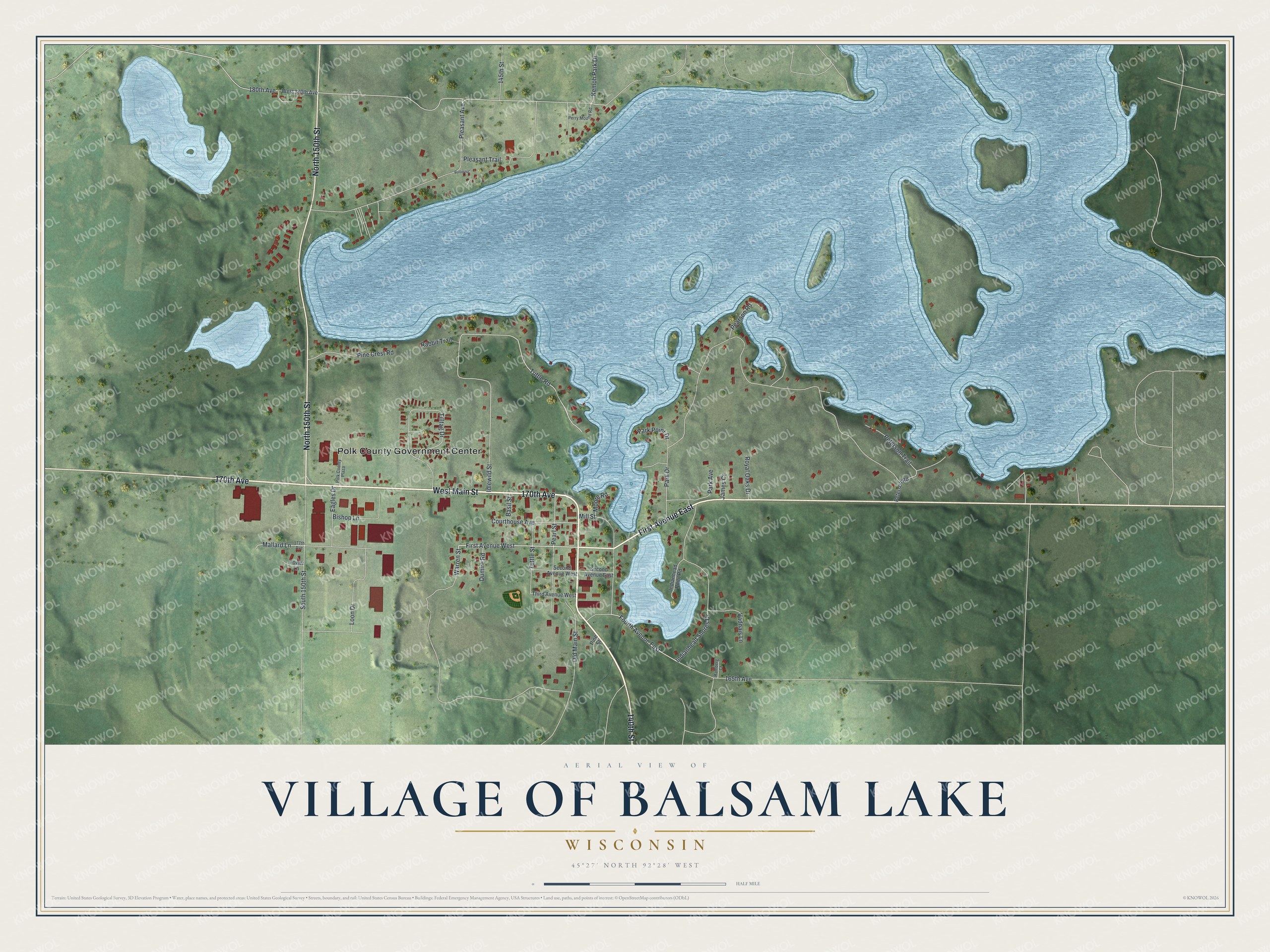 Full map of Balsam Lake, Wisconsin, with red buildings, printed street names and the land around them