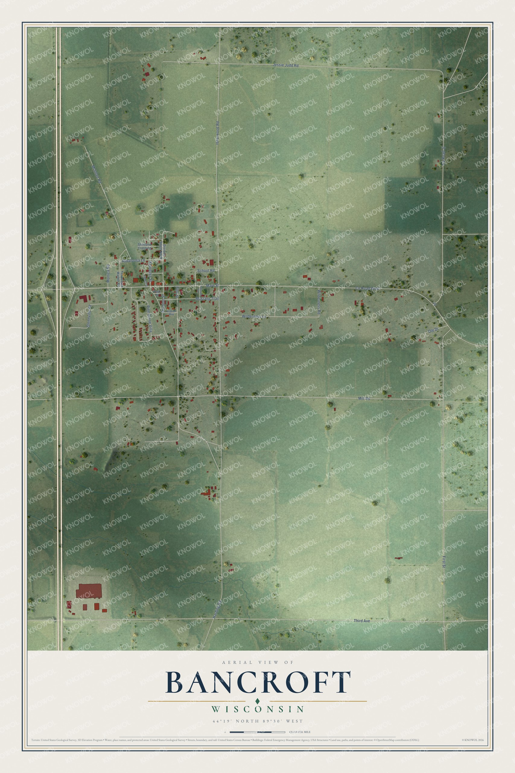 Full map of Bancroft, Wisconsin, with red buildings, printed street names and the land around them